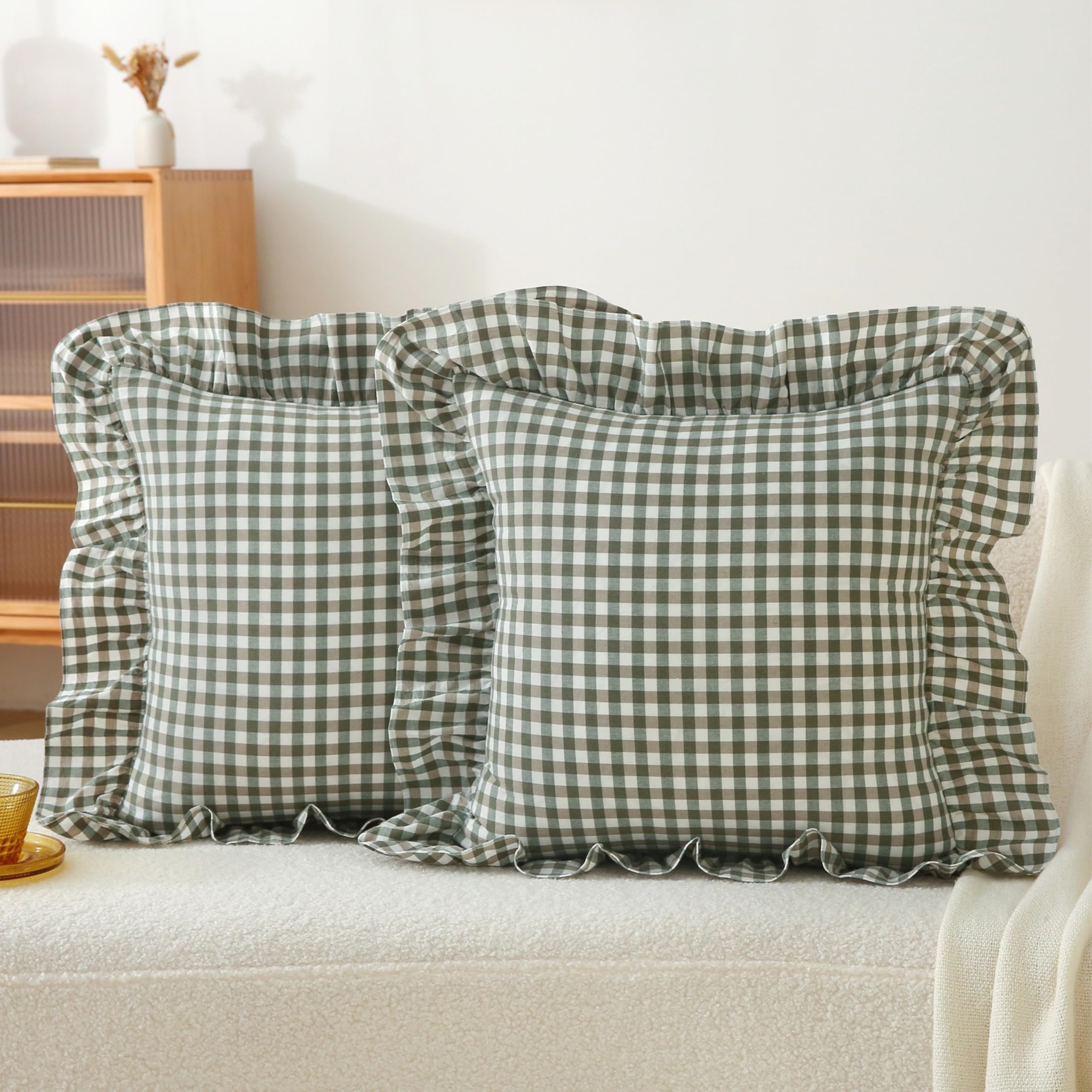18x18 Taupe White Checkered Cotton Pillow Covers Ruffle Trim Zipper Decor Cushion Cases Set of 2