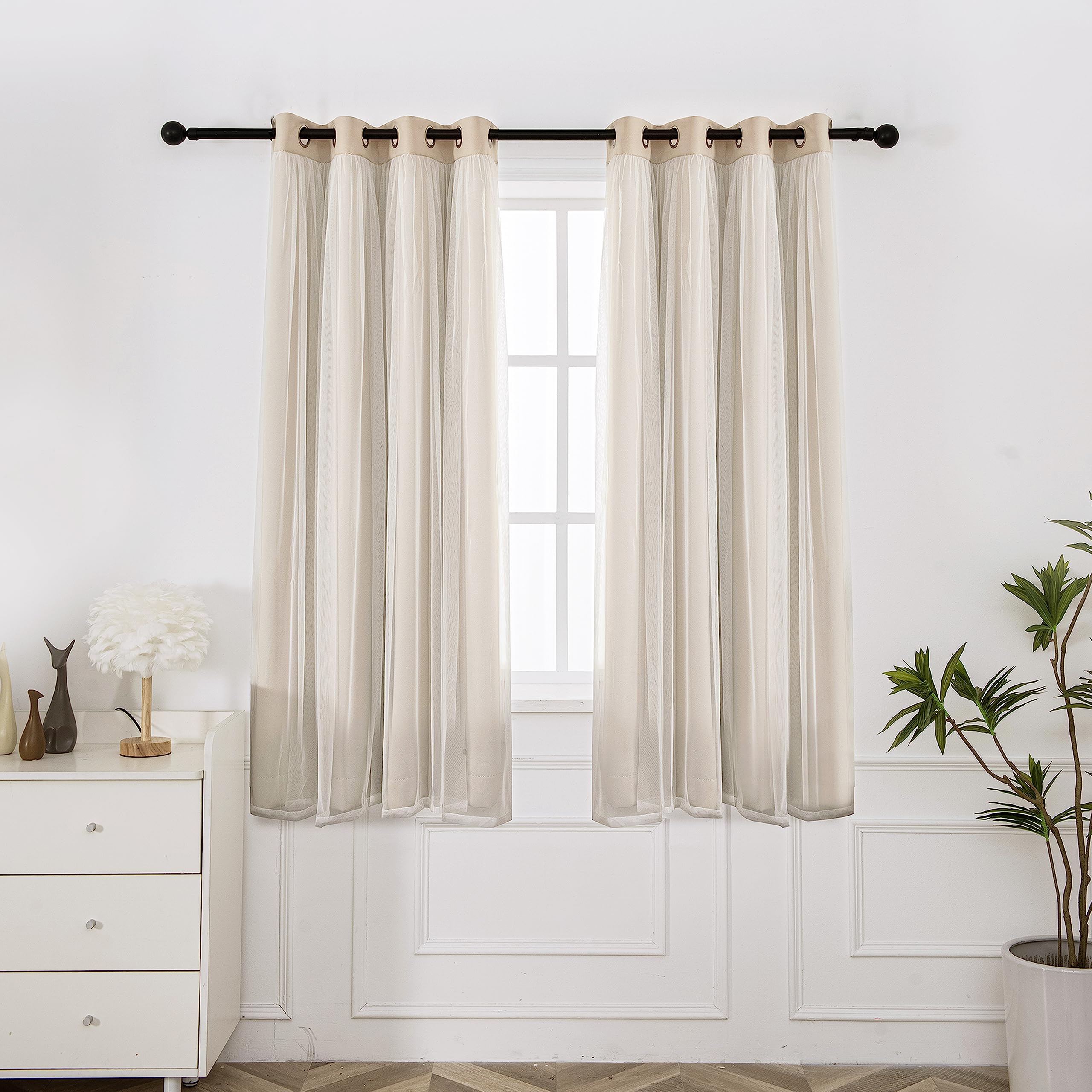 INLINAS Beige Blackout Curtains with Sheer Overlay - Grommet Top Thermal and Noise Reduction Panels for Bedroom and Living Room Light Blocking and Energy Saving, 52 x 84 Inches, Set of 2