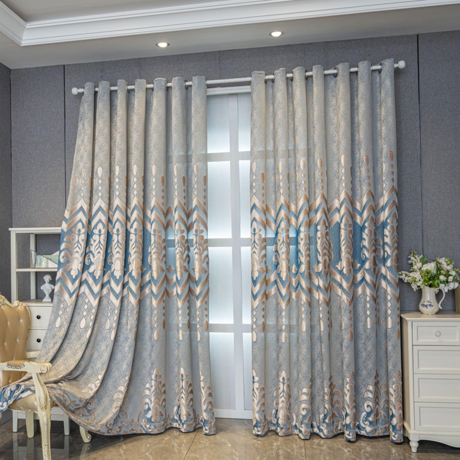 VOGOL Embroidered Curtains 84 inches Long Grommet Window Treatment Voile Panel Drape for Living Room Kitchen, Two Panels, W54 x L84 inch