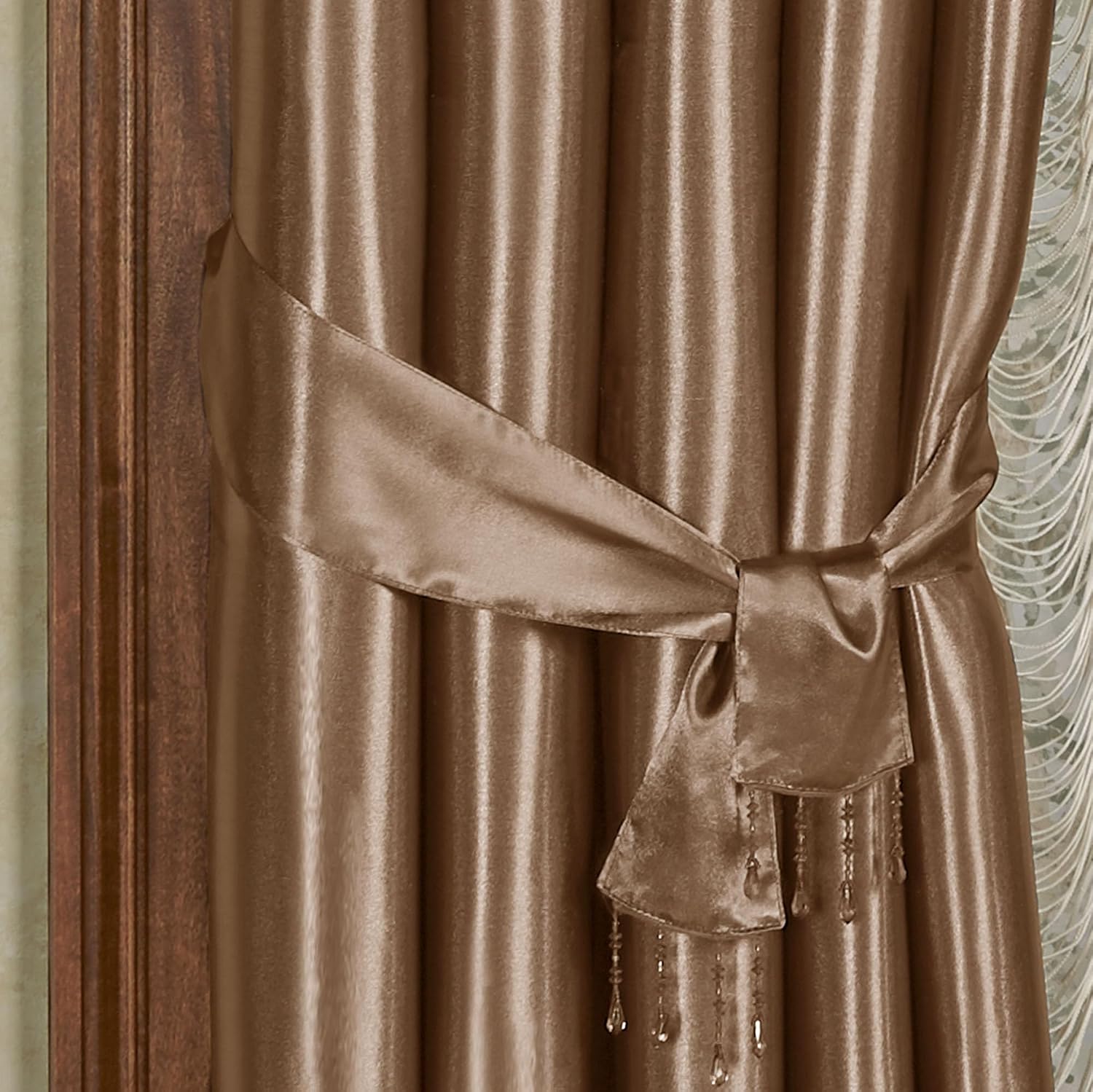 Touch of Class Portia Luxury Window Treatment | Rich Smoky Topaz | Premier Smooth Polyester Satin Elegant 2 Piece Lined Window Drapery Set with Empire Valance and 84 Inch Long Curtain Pair