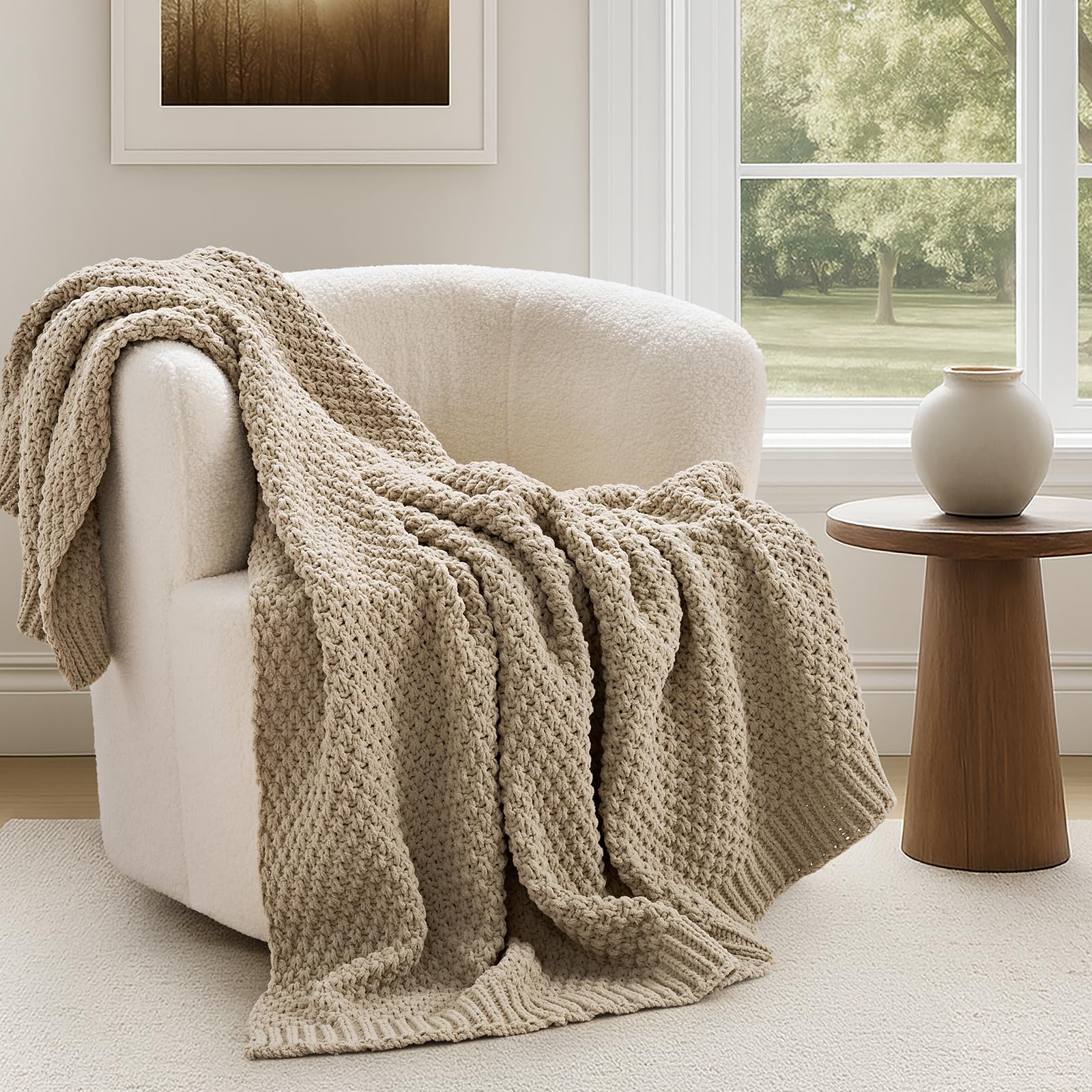 EVERGRACEHOME Chunky Chenille Knit Throw Blanket for Couch, Soft Luxurious Moss Stitch Blankets for Bed, Cozy Decorative Farmhouse Knitted Throws for Sofa, Mocha Brown, 50" x 60"