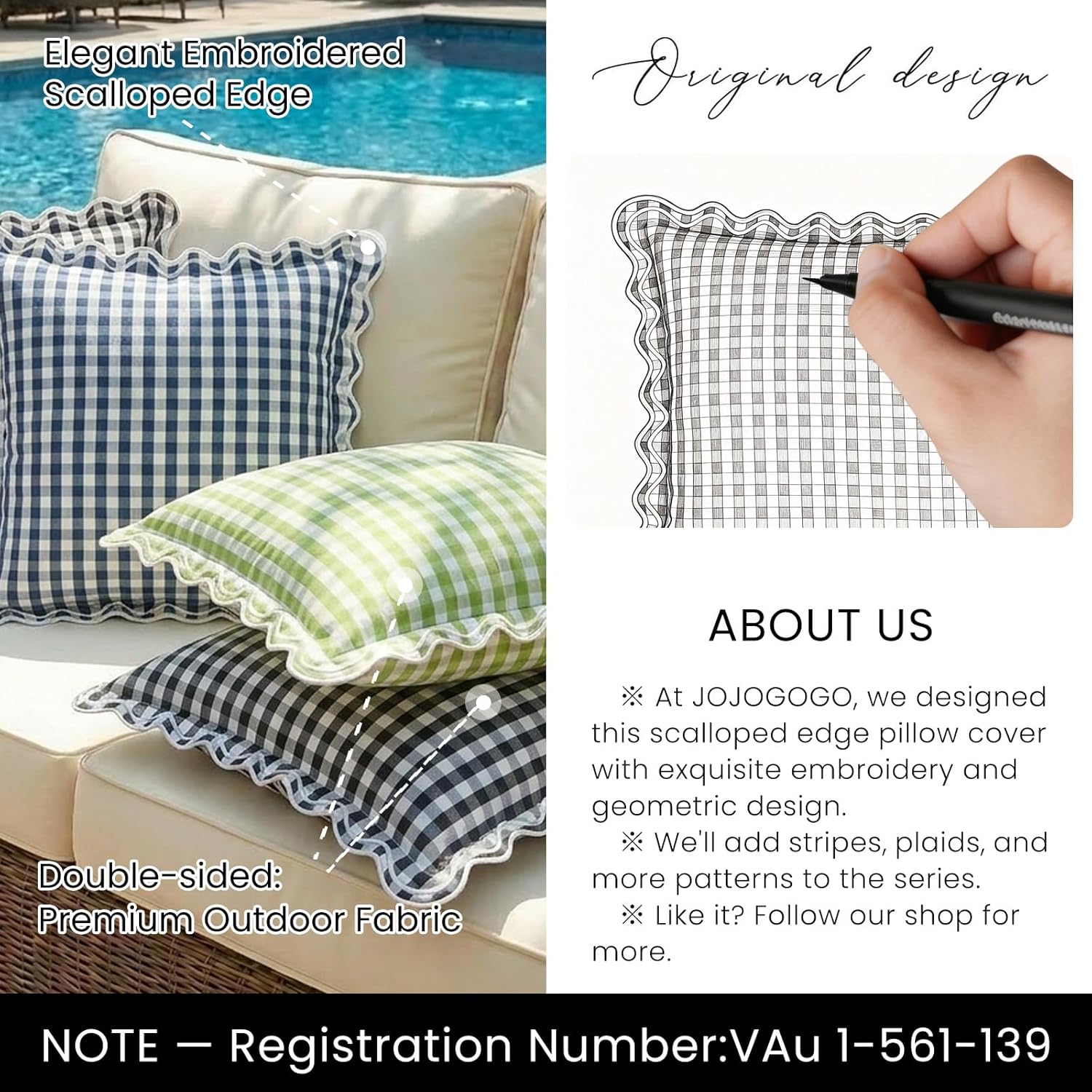 12x20 Navy Blue Gingham Plaid Scalloped Outdoor Lumbar Pillows Waterproof & Fade-Resistant Set of 2, Coastal Checkered Embroidered Ruffle Pillow Covers Decorative for Patio Furniture, Beach Decor