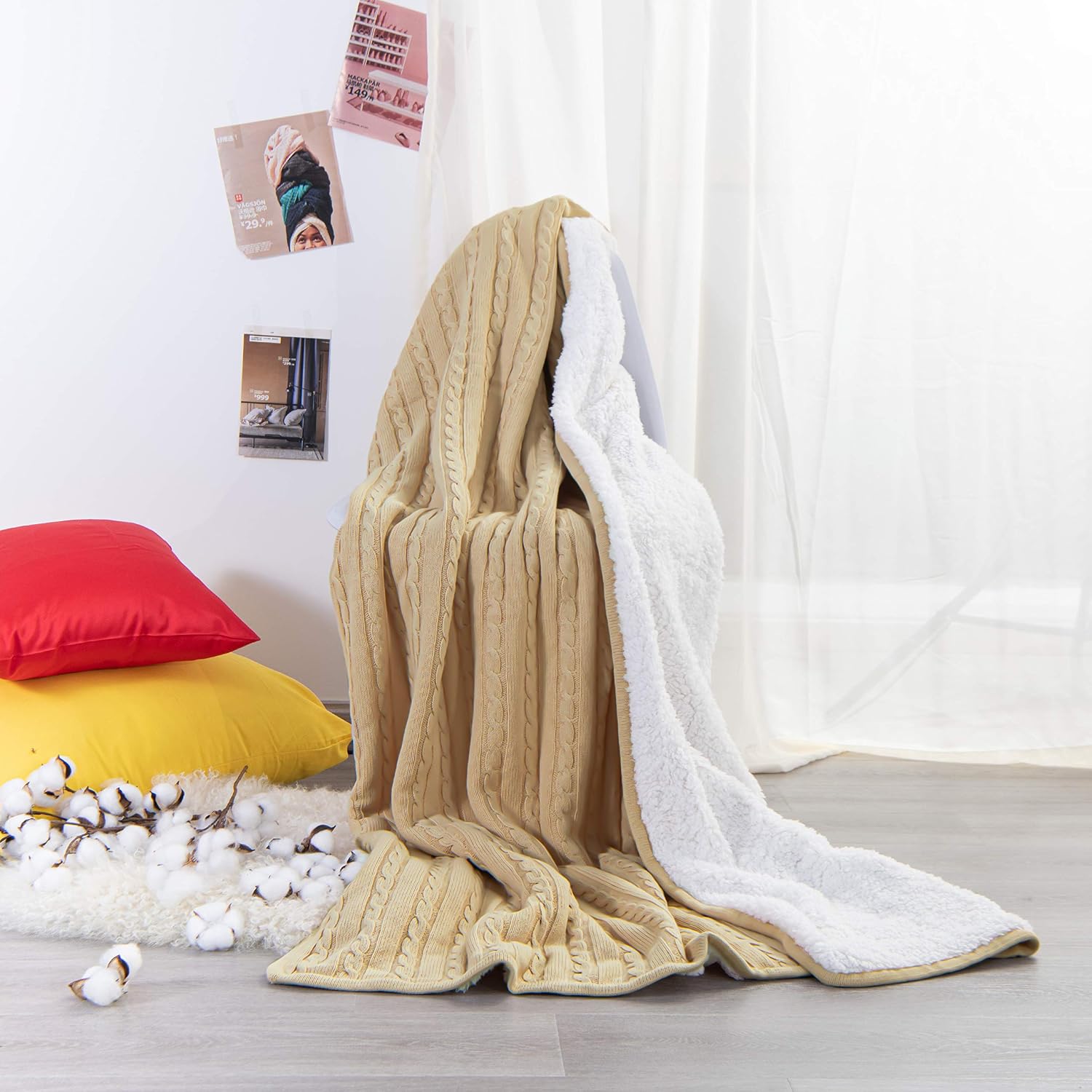 NTBAY Cotton Cable Knit Sherpa Throw Blanket for Couch (51"x67"), Soft Warm Fleece Knitted Throw for Bed, Sofa, Chair - Extra Cozy, Machine Washable, Comfortable Home Decor, Khaki