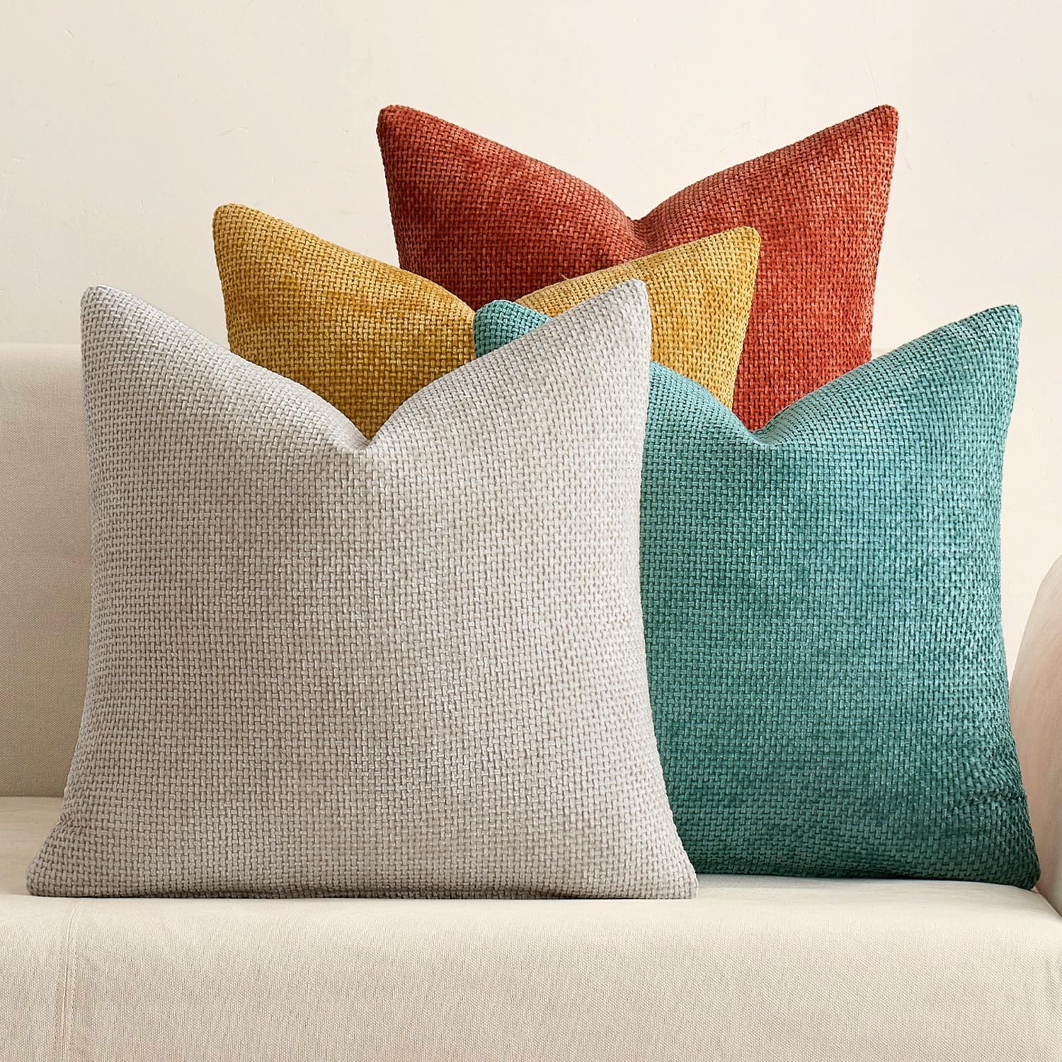 MIULEE Pack of 4 Couch Throw Pillow Covers 20x20 Inch Cream Soft Decorative Chenille Pillow Covers Farmhouse Accent Cushion Covers for Boho Spring Home Decor Sofa Bedroom Living Room