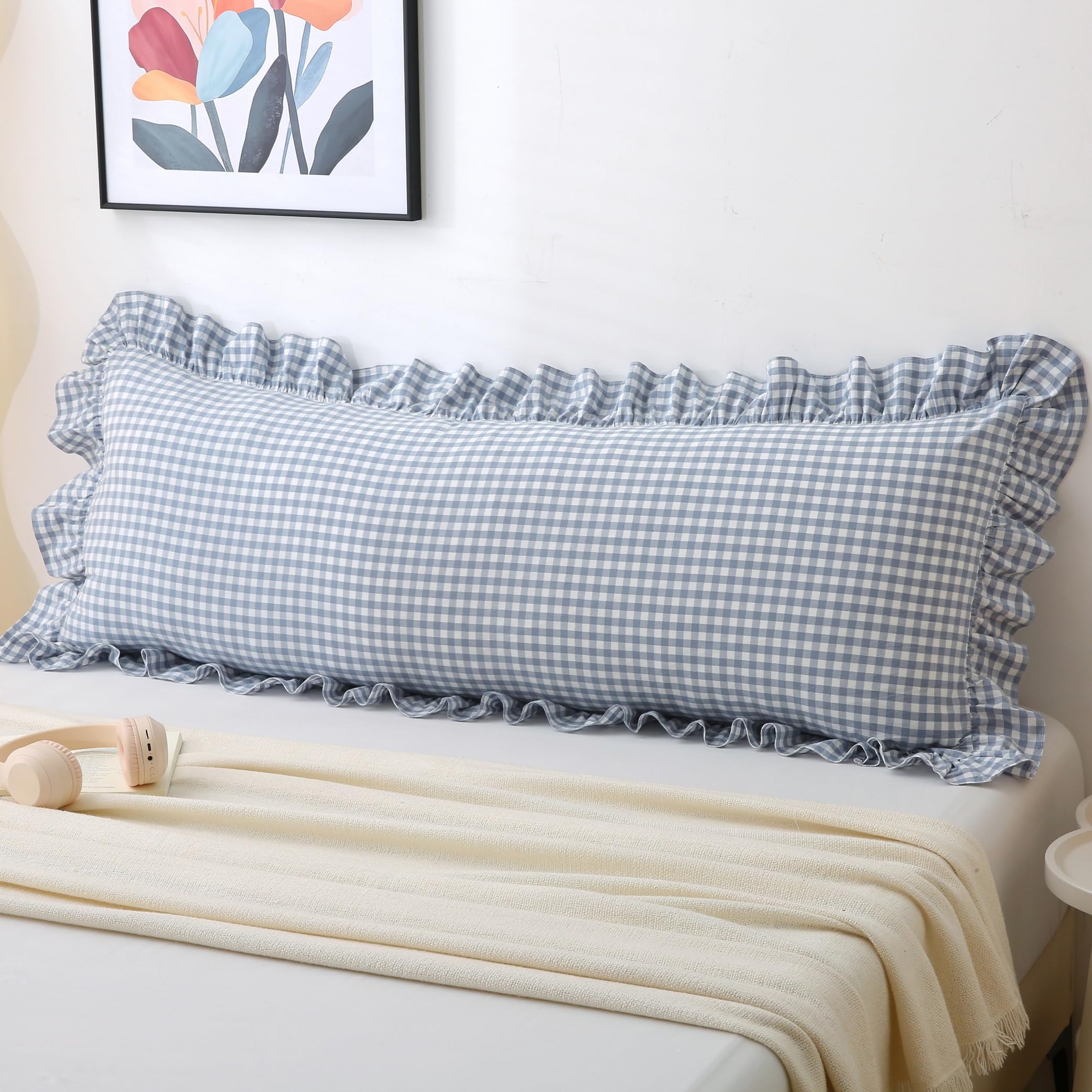 18x18 Taupe White Checkered Cotton Pillow Covers Ruffle Trim Zipper Decor Cushion Cases Set of 2