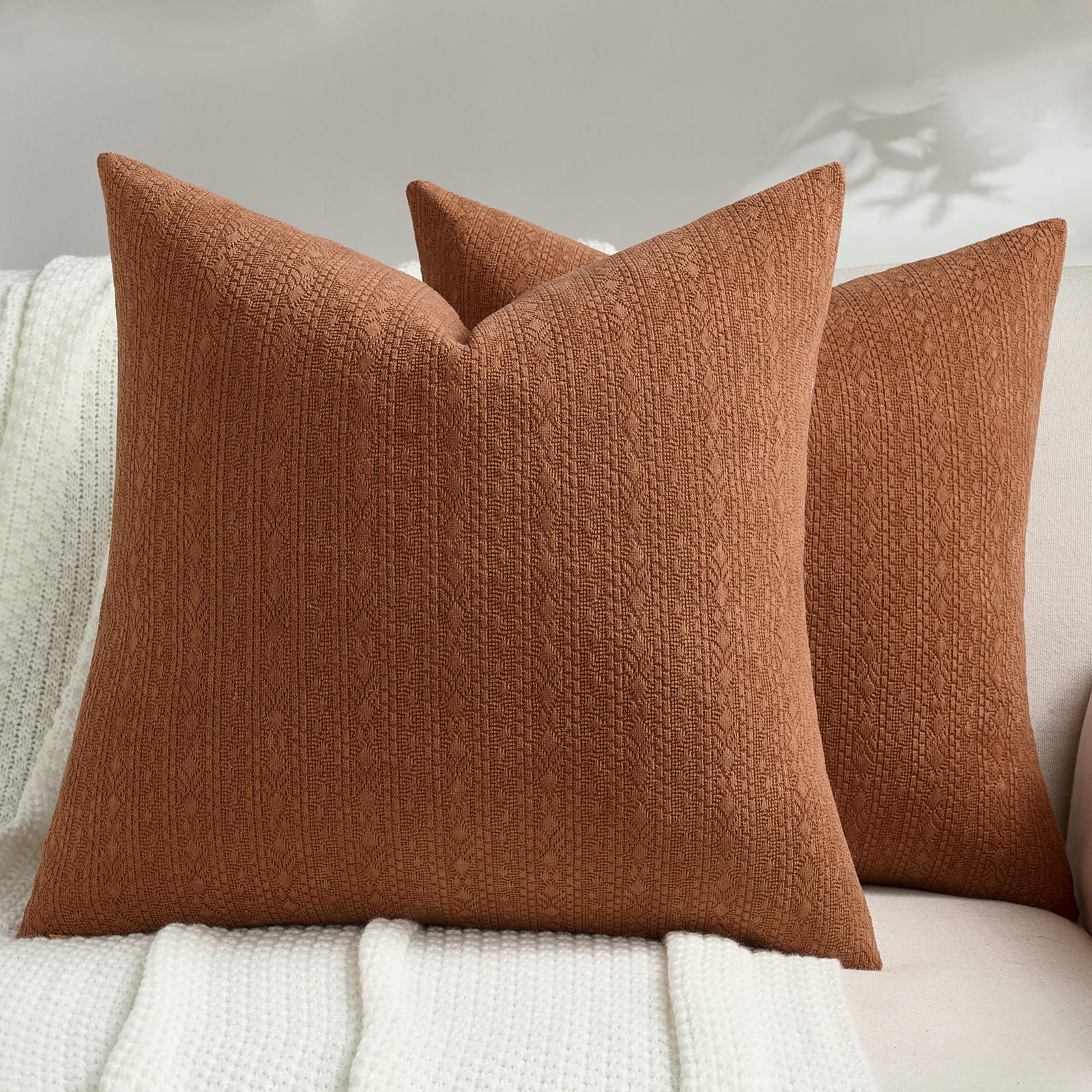 FUTEI Pack of 2 Solid Chenille Throw Pillow Covers 18x18 Inch Soft Farmhouse Decorative Accent Cushion Cases Modern Home Decor for Couch Living Room, Cream