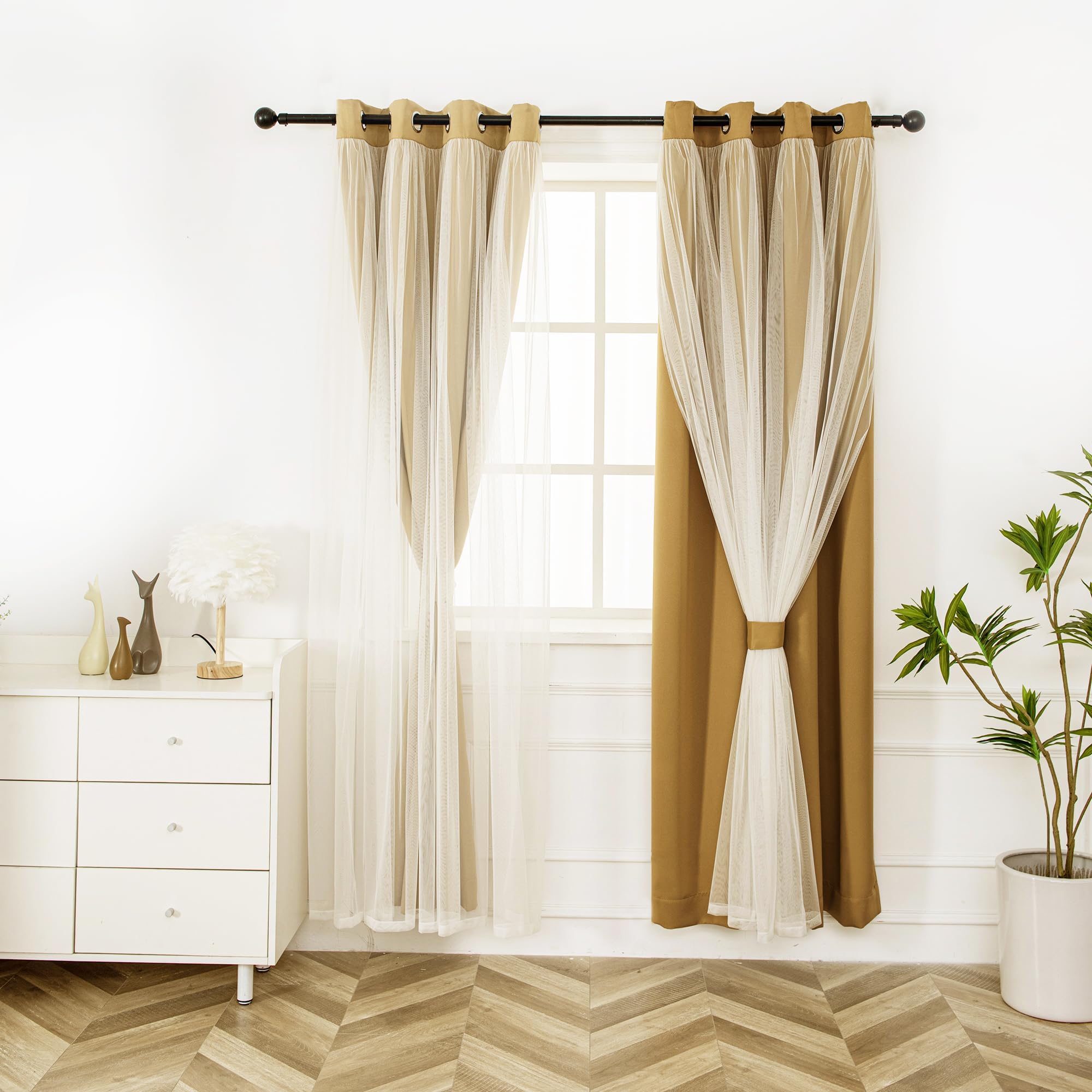 INLINAS Beige Blackout Curtains with Sheer Overlay - Grommet Top Thermal and Noise Reduction Panels for Bedroom and Living Room Light Blocking and Energy Saving, 52 x 84 Inches, Set of 2