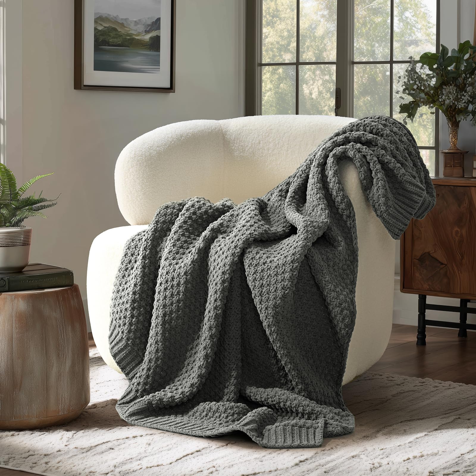 EVERGRACEHOME Chunky Chenille Knit Throw Blanket for Couch, Soft Luxurious Moss Stitch Blankets for Bed, Cozy Decorative Farmhouse Knitted Throws for Sofa, Mocha Brown, 50" x 60"