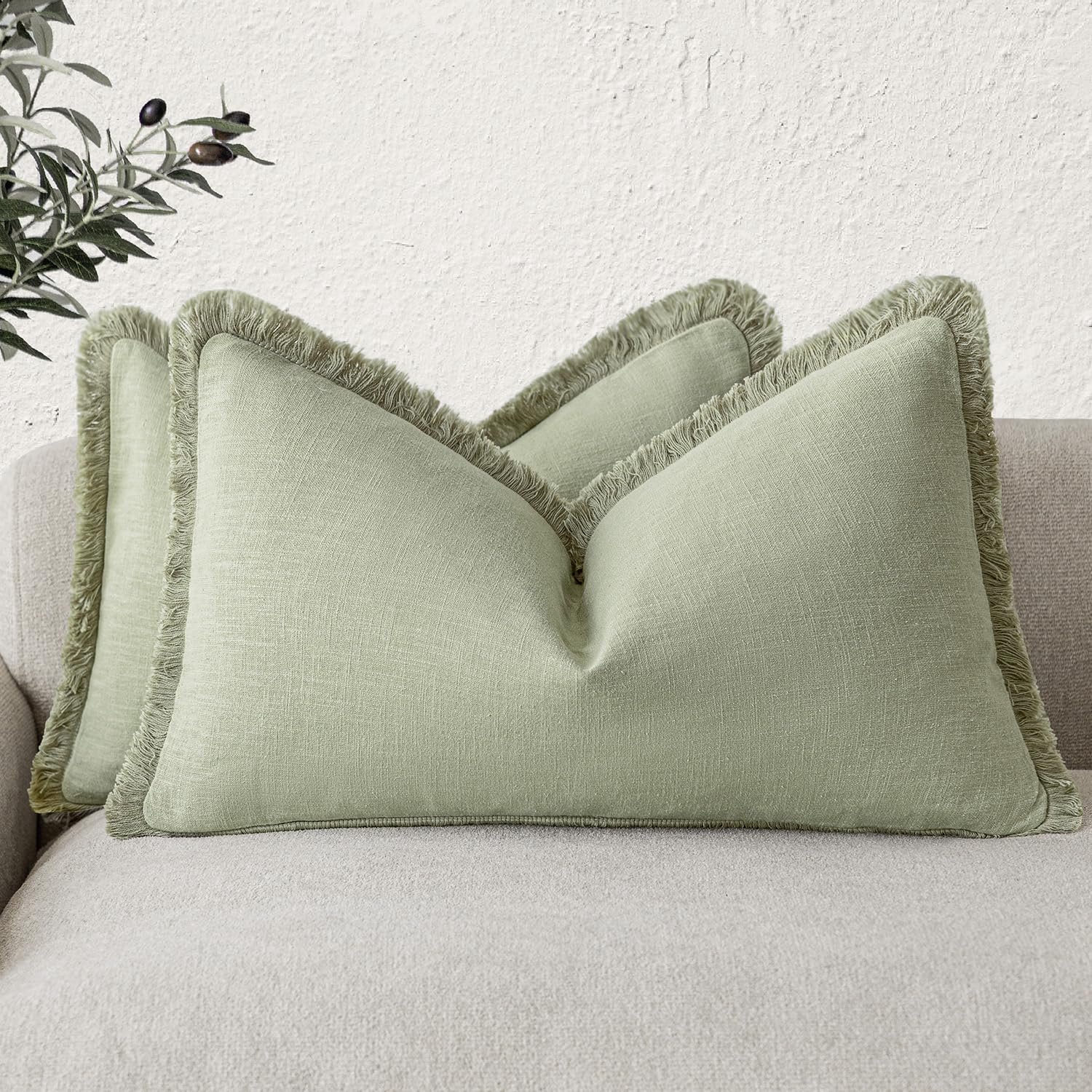 Foindtower Set of 2 Decorative Linen Fringe Throw Pillow Covers Boho Farmhouse Cushion Cover with Tassels Soft Accent Pillowcase for Couch Chair Sofa Bed Living Room Home Decor,20×20 Inch,Sky Blue