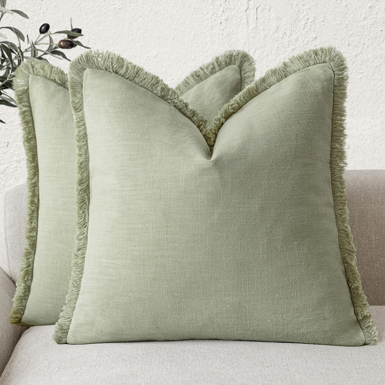 Foindtower Set of 2 Decorative Linen Fringe Throw Pillow Covers Boho Farmhouse Cushion Cover with Tassels Soft Accent Pillowcase for Couch Chair Sofa Bed Living Room Home Decor,20×20 Inch,Sky Blue
