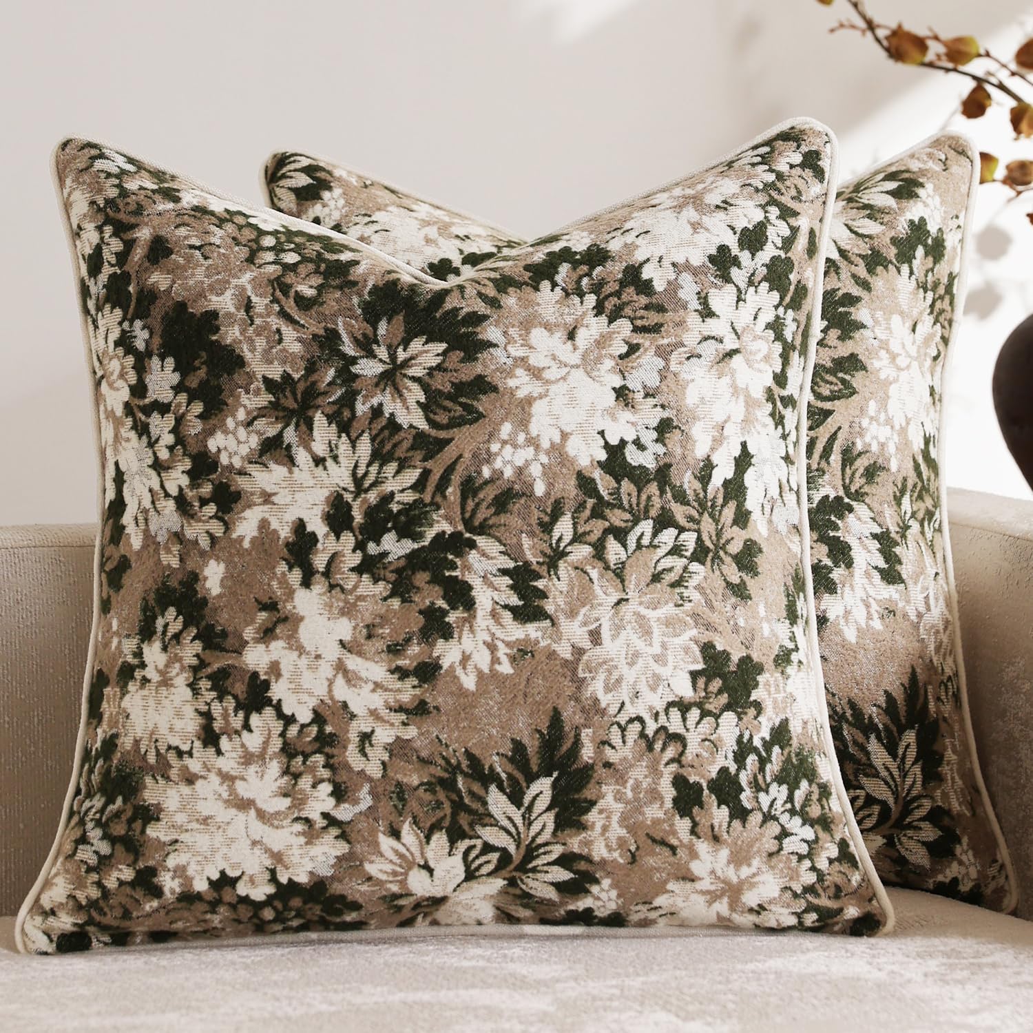 DEZENE Pack of 2 Vintage Floral Throw Pillow Covers 20x20 Boho Farmhouse Accents Chenille Square Decorative Pillow Cases for Living Room Couch Bed Home Decor, Dark Brown