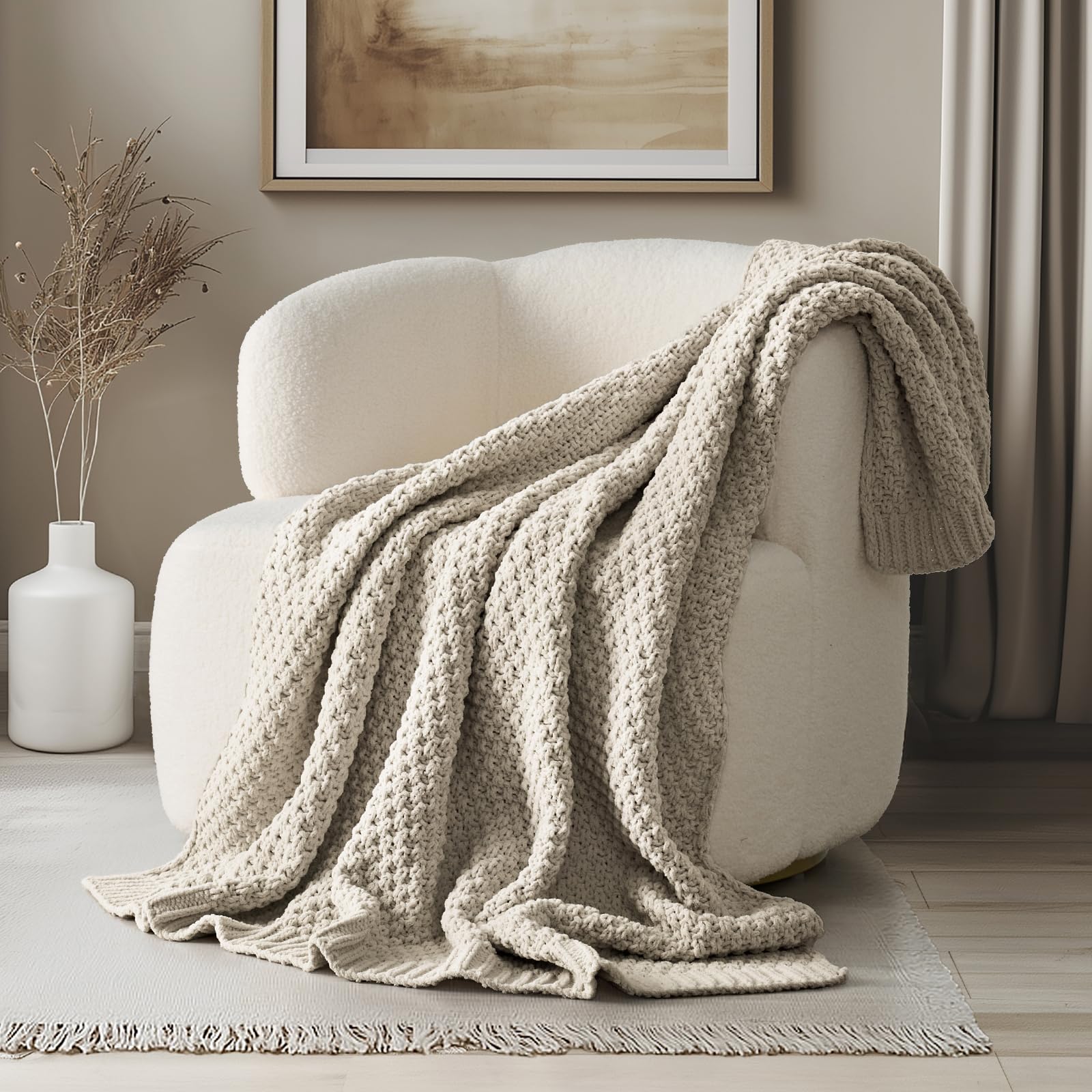 EVERGRACEHOME Chunky Chenille Knit Throw Blanket for Couch, Soft Luxurious Moss Stitch Blankets for Bed, Cozy Decorative Farmhouse Knitted Throws for Sofa, Mocha Brown, 50" x 60"