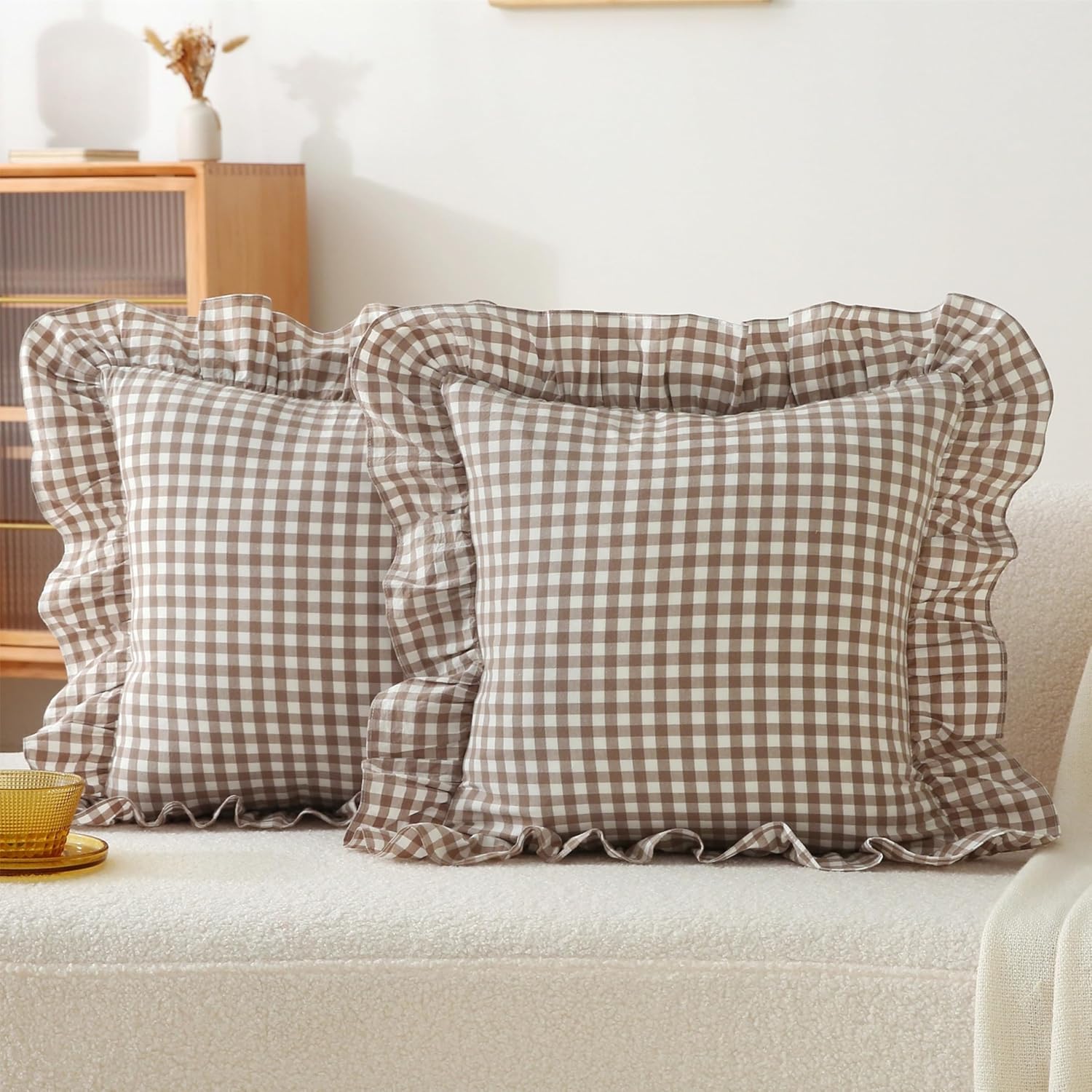18x18 Taupe White Checkered Cotton Pillow Covers Ruffle Trim Zipper Decor Cushion Cases Set of 2