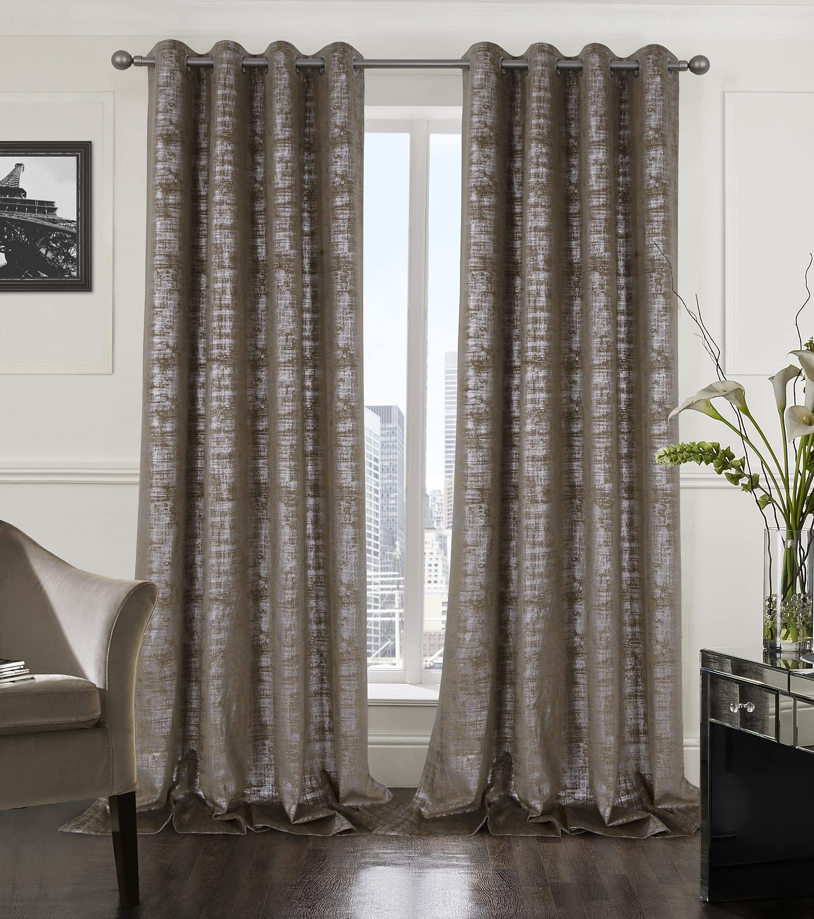 Mocha Velvet 108" Long Curtains with Gold Foil Print Set of 2 Luxury Window Treatments