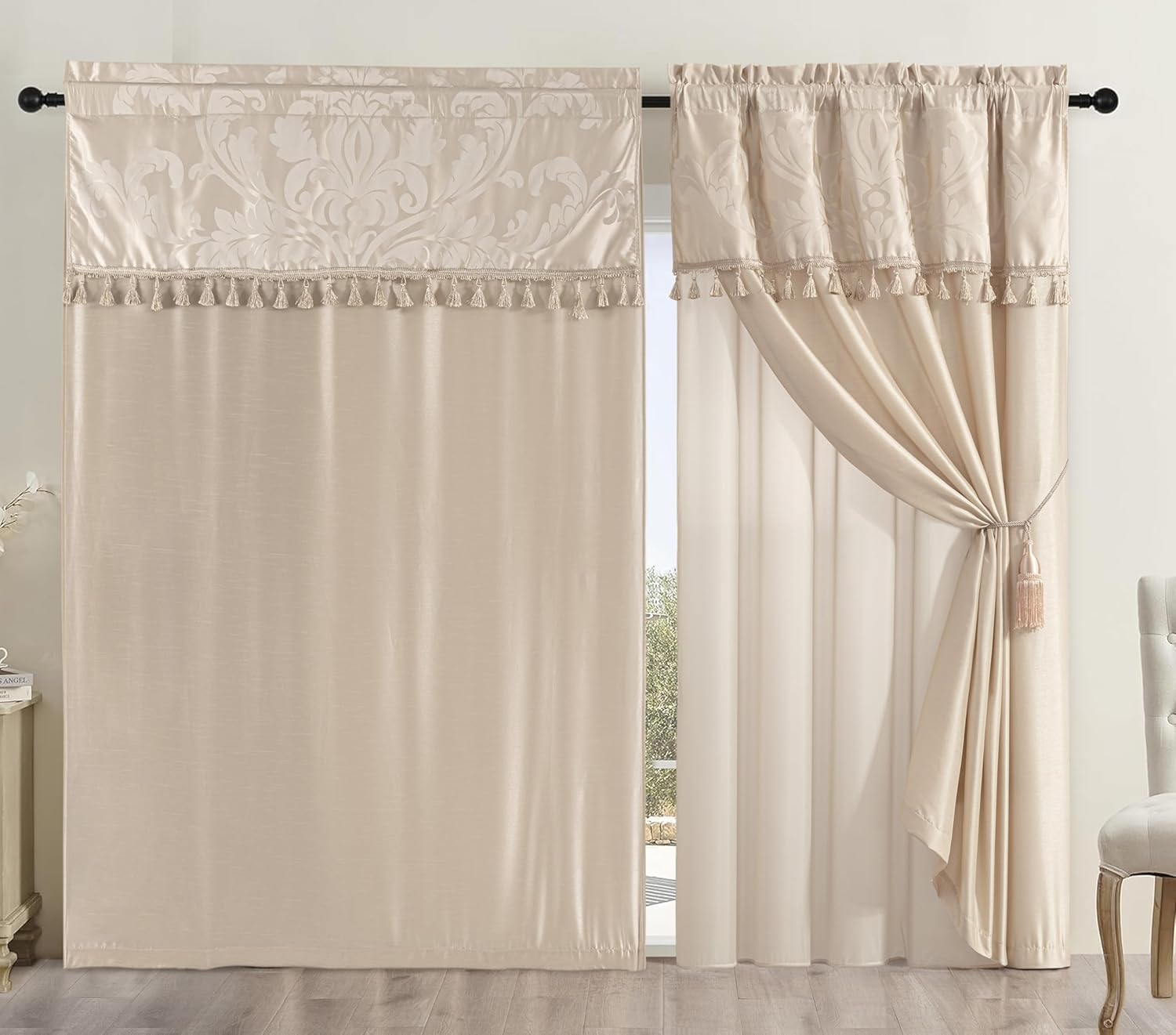 Chezmoi Collection Royale 4-Piece Jacquard Floral Window Curtain/Drape Set with Sheer Backing Valance Tassels, Champagne