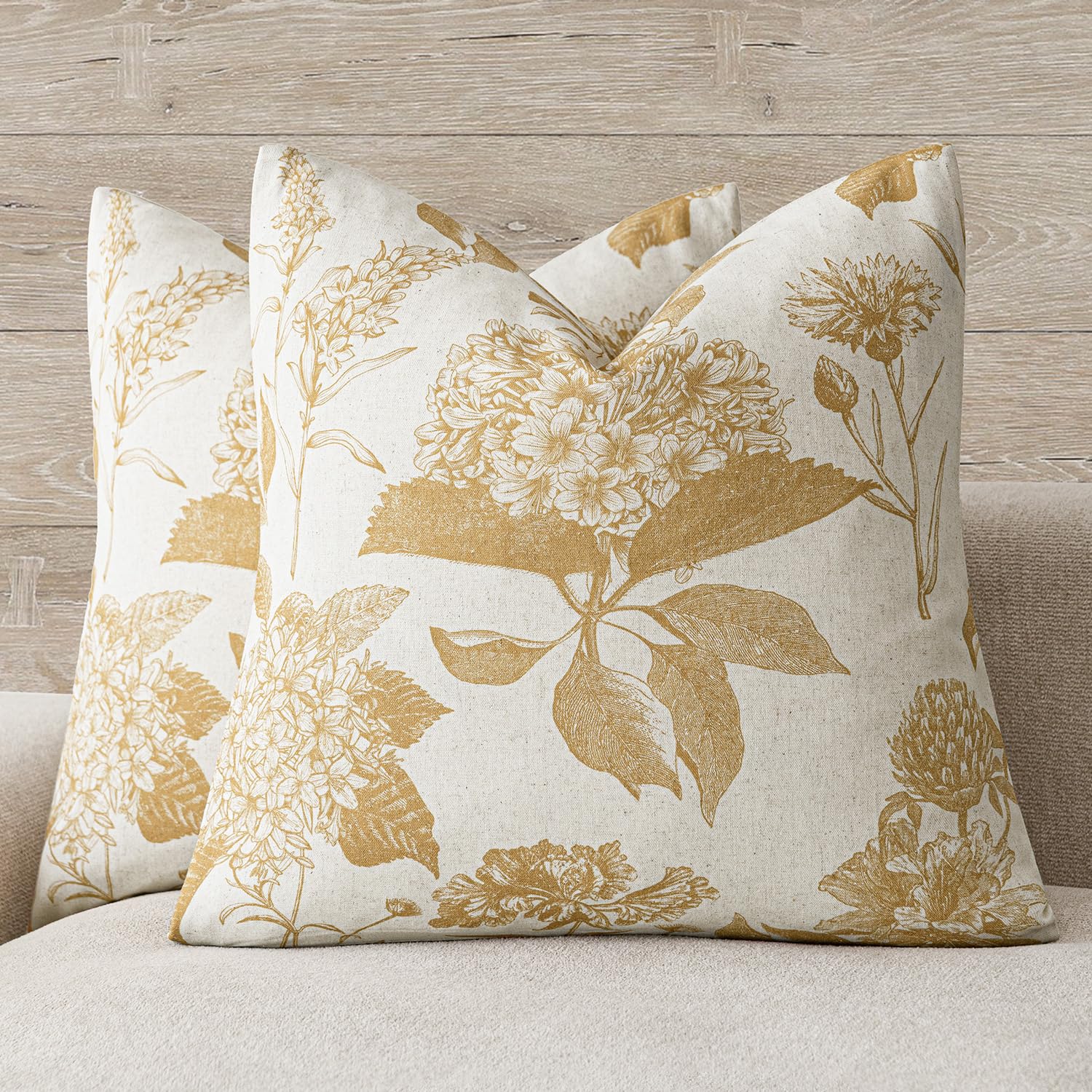 Foindtower Set of 2 Linen Floral Throw Pillow Covers Neutral Vintage Print Decorative Cushion Covers Farmhouse Boho Home Decor for Sofa Chair Couch Bedroom Living Room,22×22 Inch,Sage Green