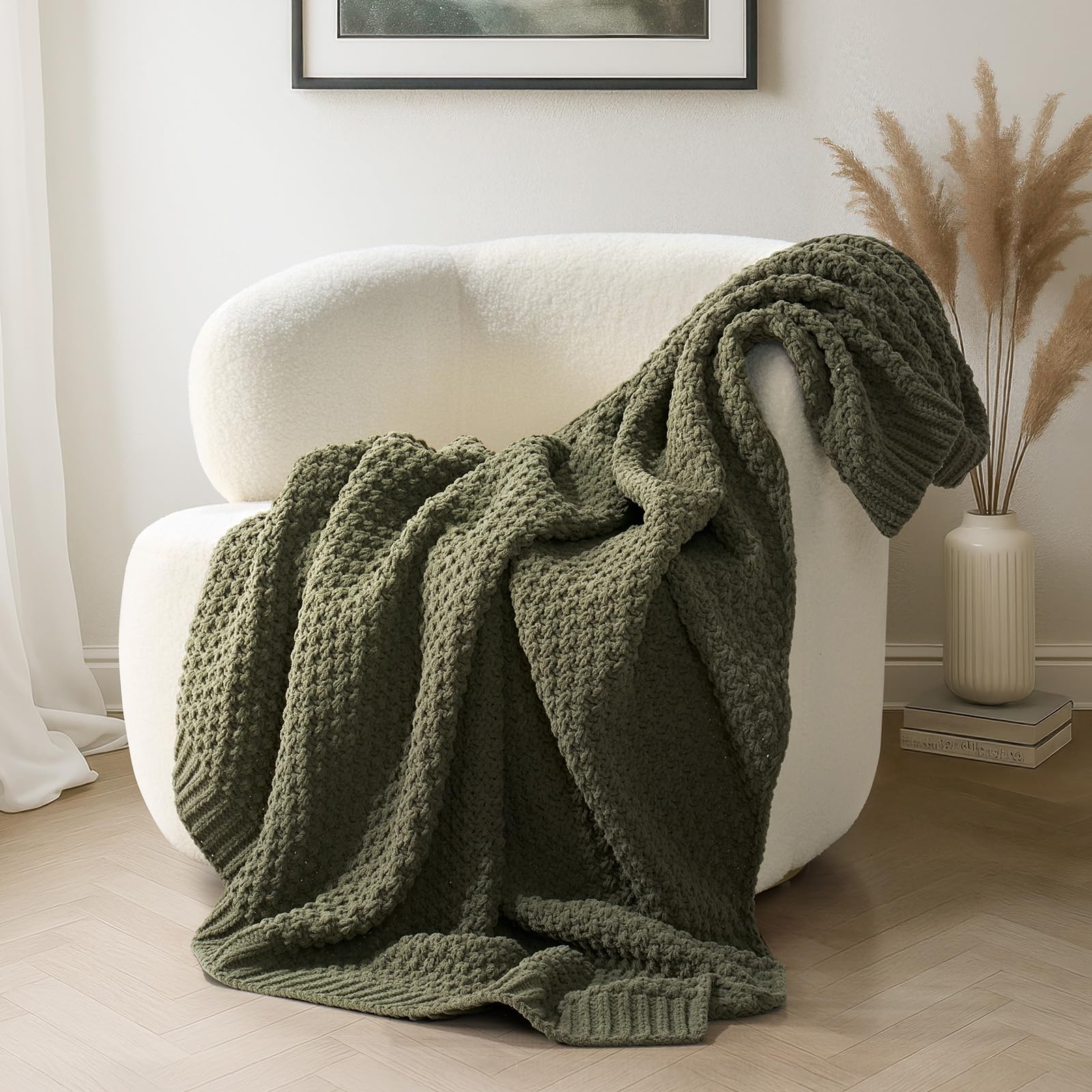 EVERGRACEHOME Chunky Chenille Knit Throw Blanket for Couch, Soft Luxurious Moss Stitch Blankets for Bed, Cozy Decorative Farmhouse Knitted Throws for Sofa, Mocha Brown, 50" x 60"