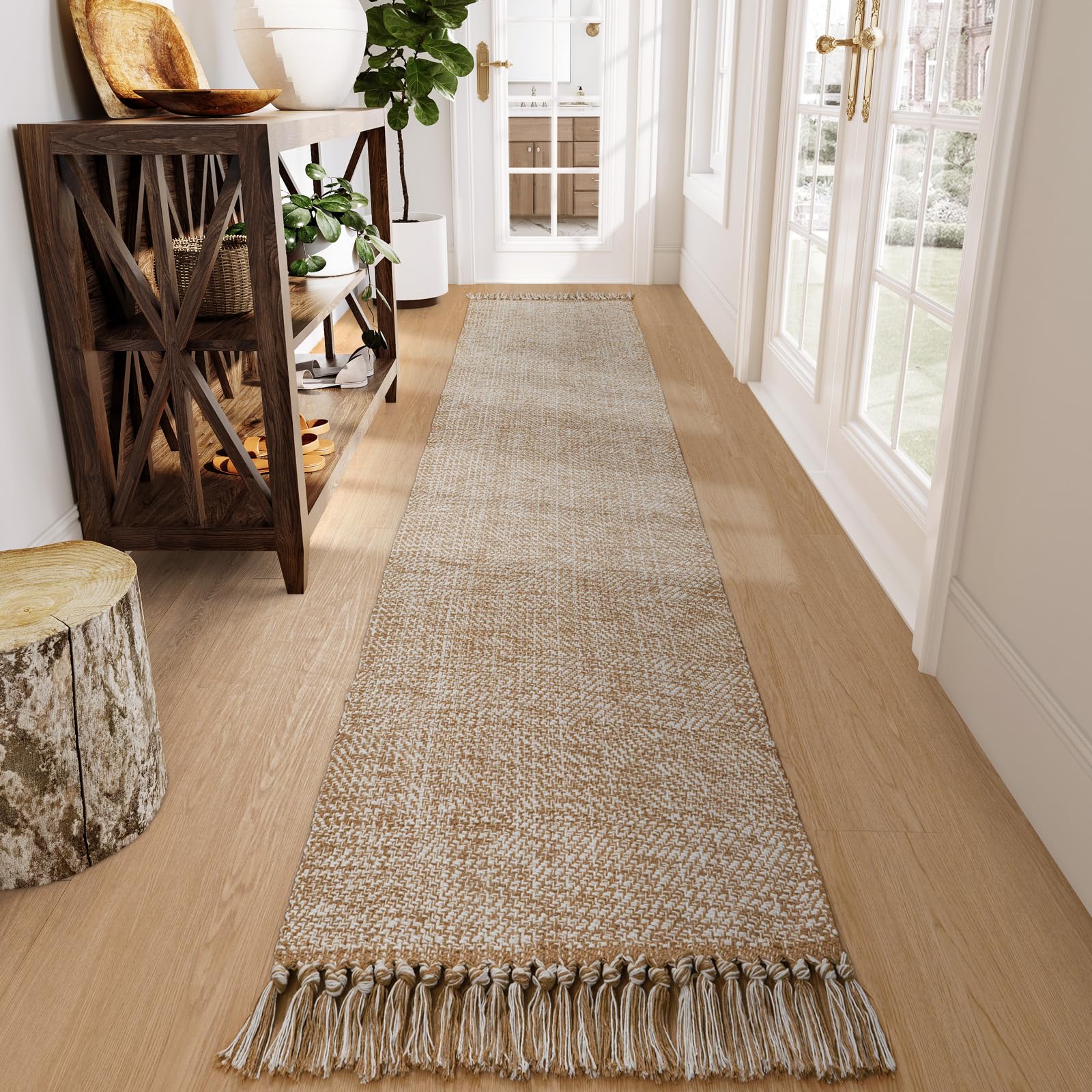 Collive Comfy Area Rug 4' x 6', Tan/Cream Woven Cotton Bedroom Rugs, Modern Indoor Accent Rug Floor Carpet with Tassel for Living Room, Nursery Room, Dining Room, Bedside, Office, Patio Decor