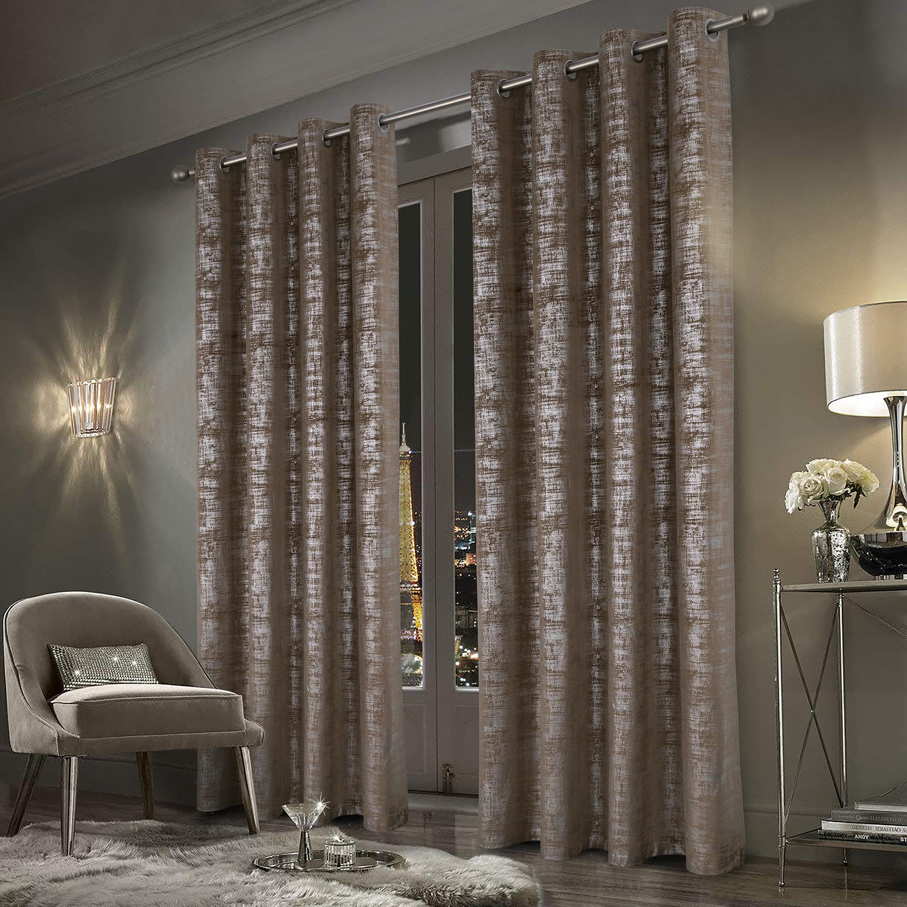 Mocha Velvet 108" Long Curtains with Gold Foil Print Set of 2 Luxury Window Treatments