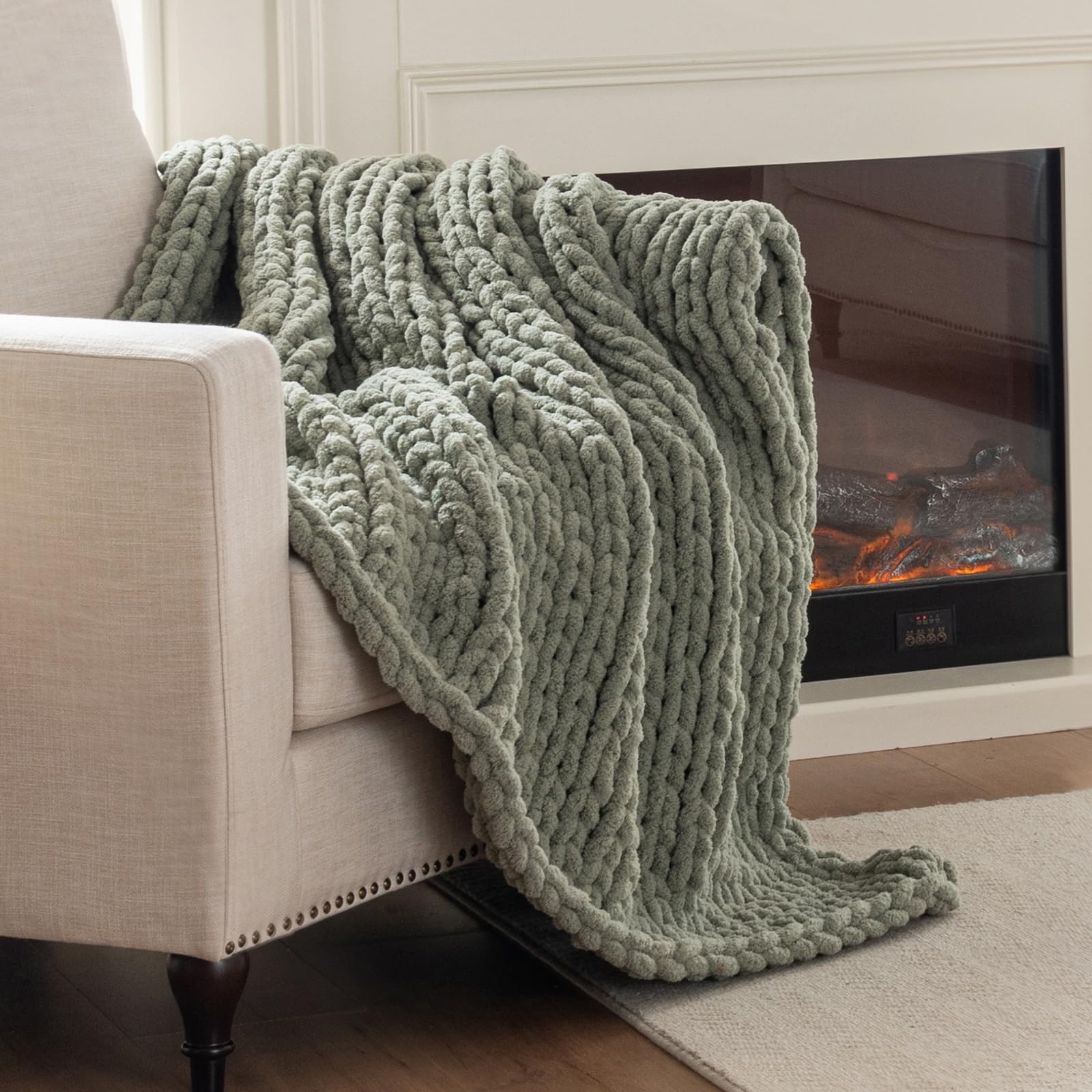 Chunky Knit Blanket Throw, 100% Hand Knit Throw Blanket Handmade Chenille Cable Knit Throw for Couch, Stylish Cozy Soft Rope Knot Crochet Blanket for Home Decor, Beige Linen, 50x60 Inches
