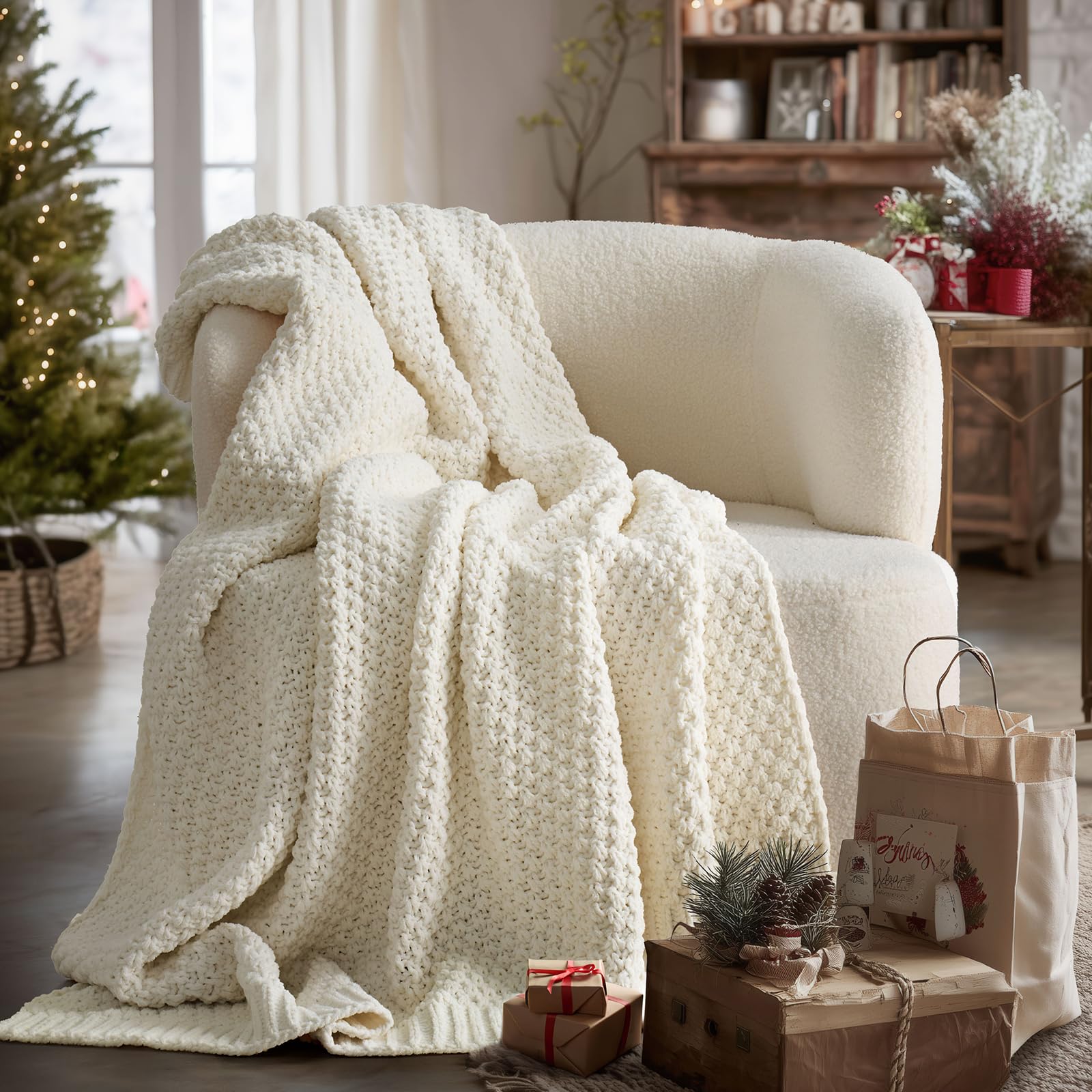EVERGRACEHOME Chunky Chenille Knit Throw Blanket for Couch, Soft Luxurious Moss Stitch Blankets for Bed, Cozy Decorative Farmhouse Knitted Throws for Sofa, Mocha Brown, 50" x 60"