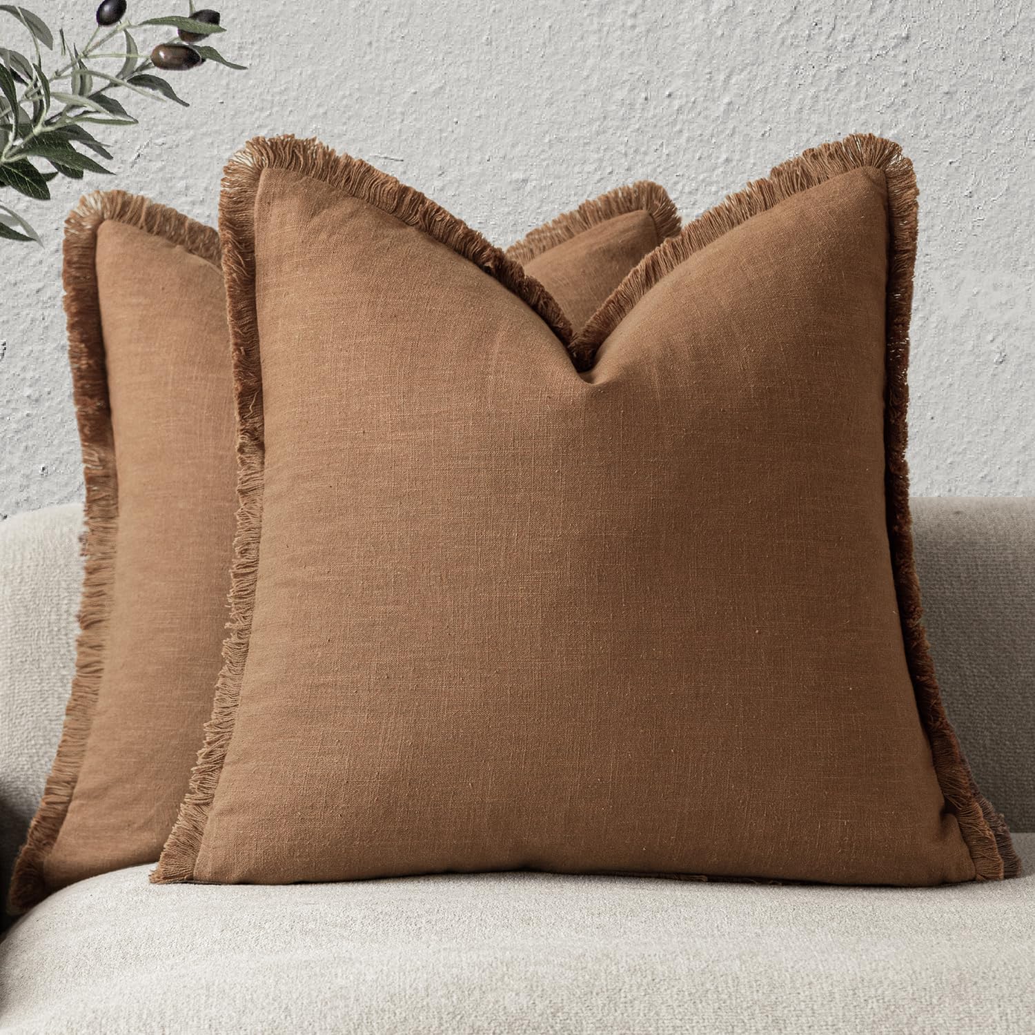 Foindtower Set of 2 Decorative Linen Fringe Throw Pillow Covers Boho Farmhouse Cushion Cover with Tassels Soft Accent Pillowcase for Couch Chair Sofa Bed Living Room Home Decor,20×20 Inch,Sky Blue