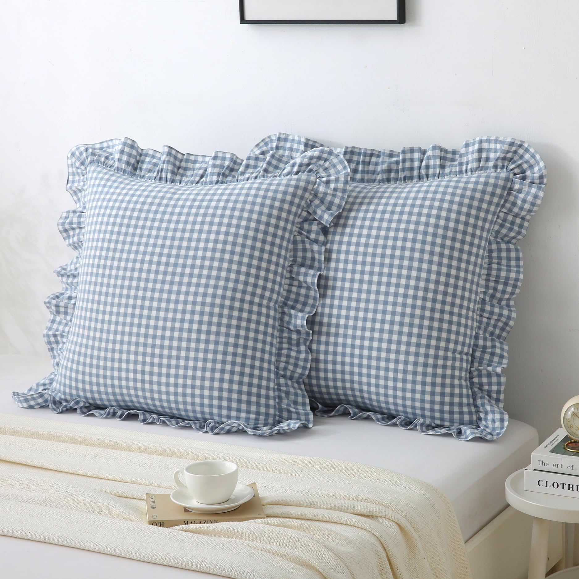 18x18 Taupe White Checkered Cotton Pillow Covers Ruffle Trim Zipper Decor Cushion Cases Set of 2