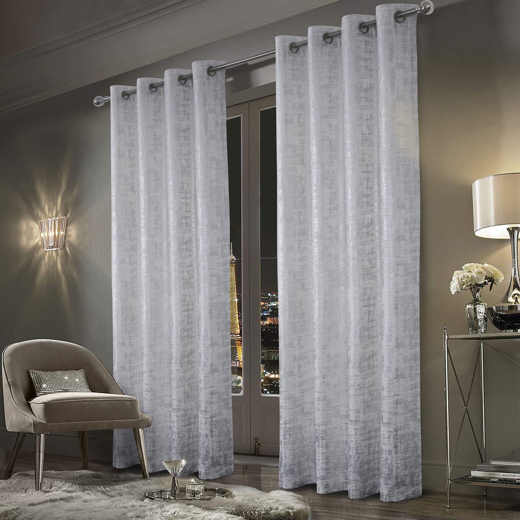 Mocha Velvet 108" Long Curtains with Gold Foil Print Set of 2 Luxury Window Treatments