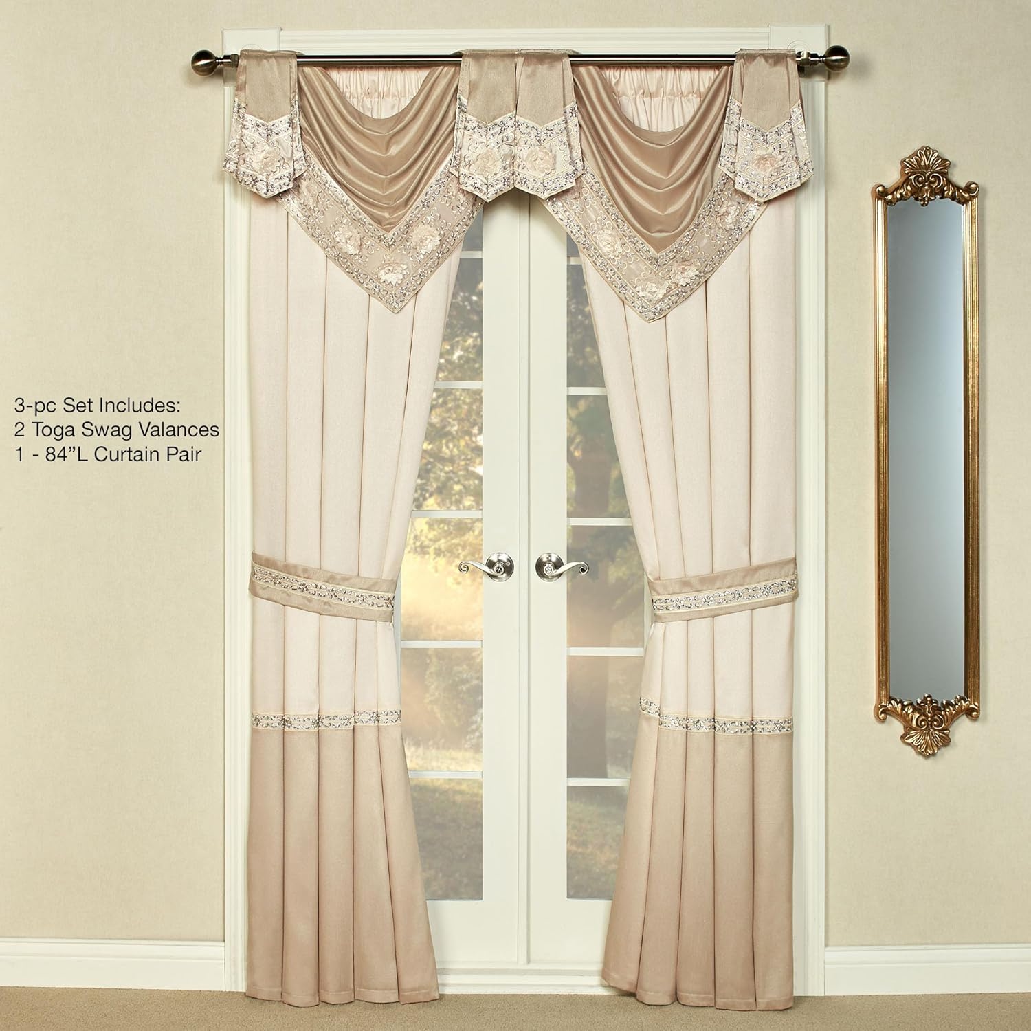 Luxury Elegante Sophisticated Polyester Faux Silk Window Treatment | Light Cream Ivory Metallic Gold | Sparkle Sequins Embroidery Floral | 3 Piece Set with Two Toga Swag Valances and 84L Curtain Pair