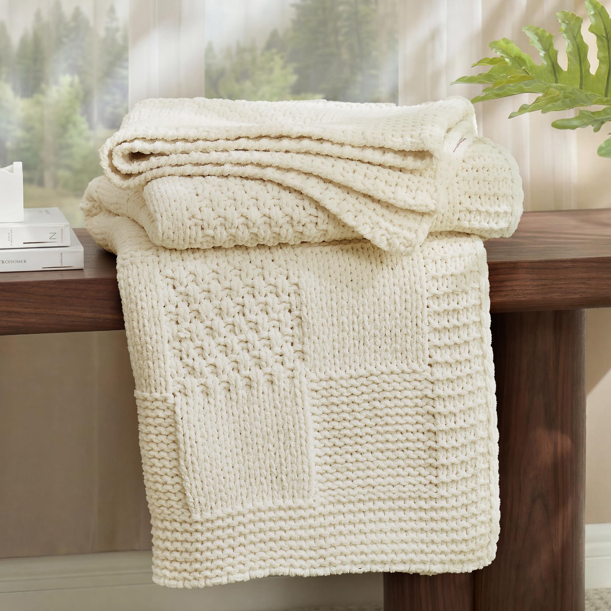 Sage Green Chunky Chenille Knit Throw Blanket 50x60 Inch Checkered Decor Blanket for Couch Bed