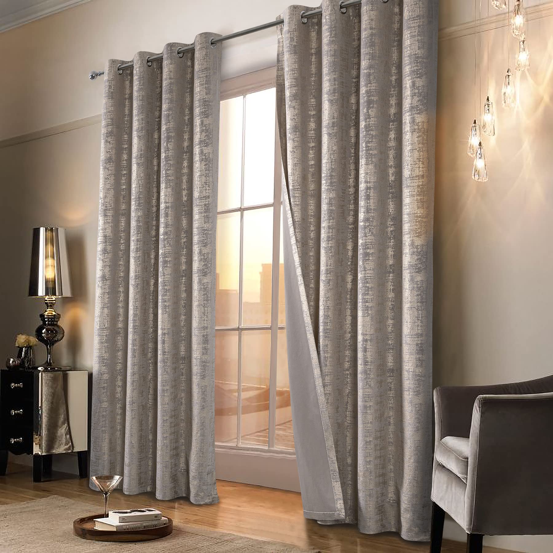 Mocha Velvet 108" Long Curtains with Gold Foil Print Set of 2 Luxury Window Treatments