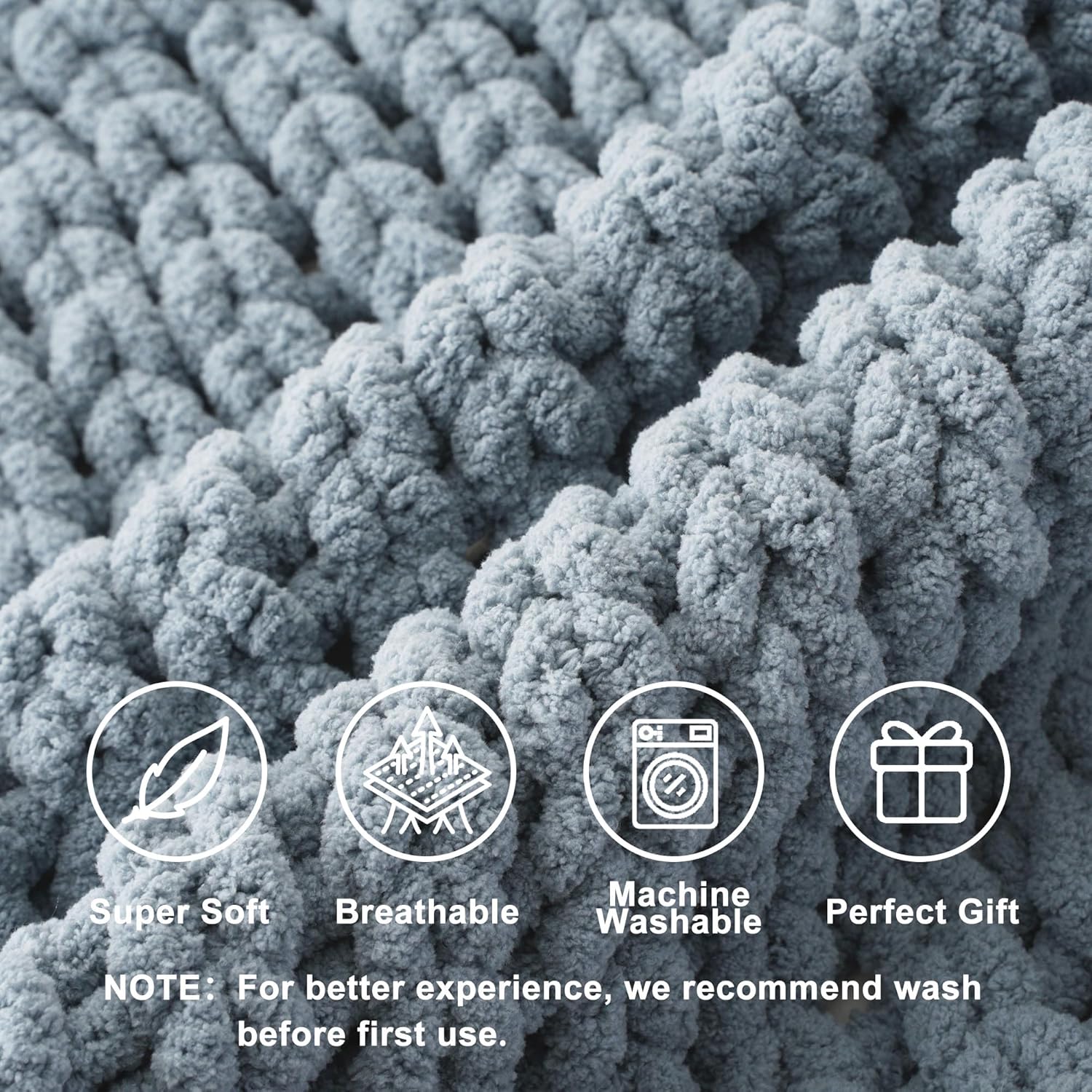 Battilo Chunky Knit Throw Blanket for Couch, Soft and Thick Chenille Throw Blanket, 50"x60" Handmade Cable Knit Crochet Blanket, Bluish Grey Knot Knitted Throw Blankets for Home Decor, Bluish Grey
