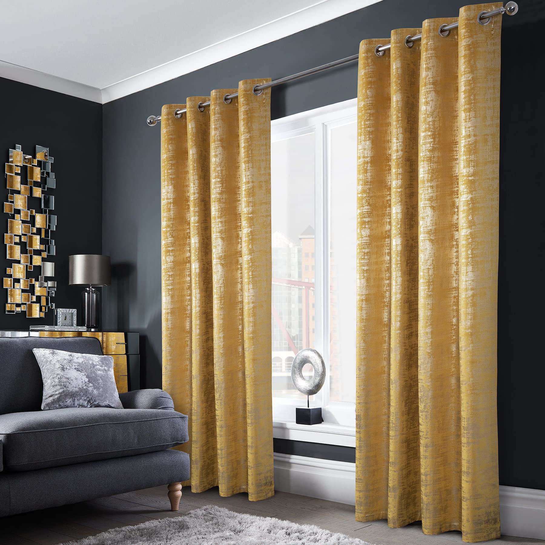 Mocha Velvet 108" Long Curtains with Gold Foil Print Set of 2 Luxury Window Treatments