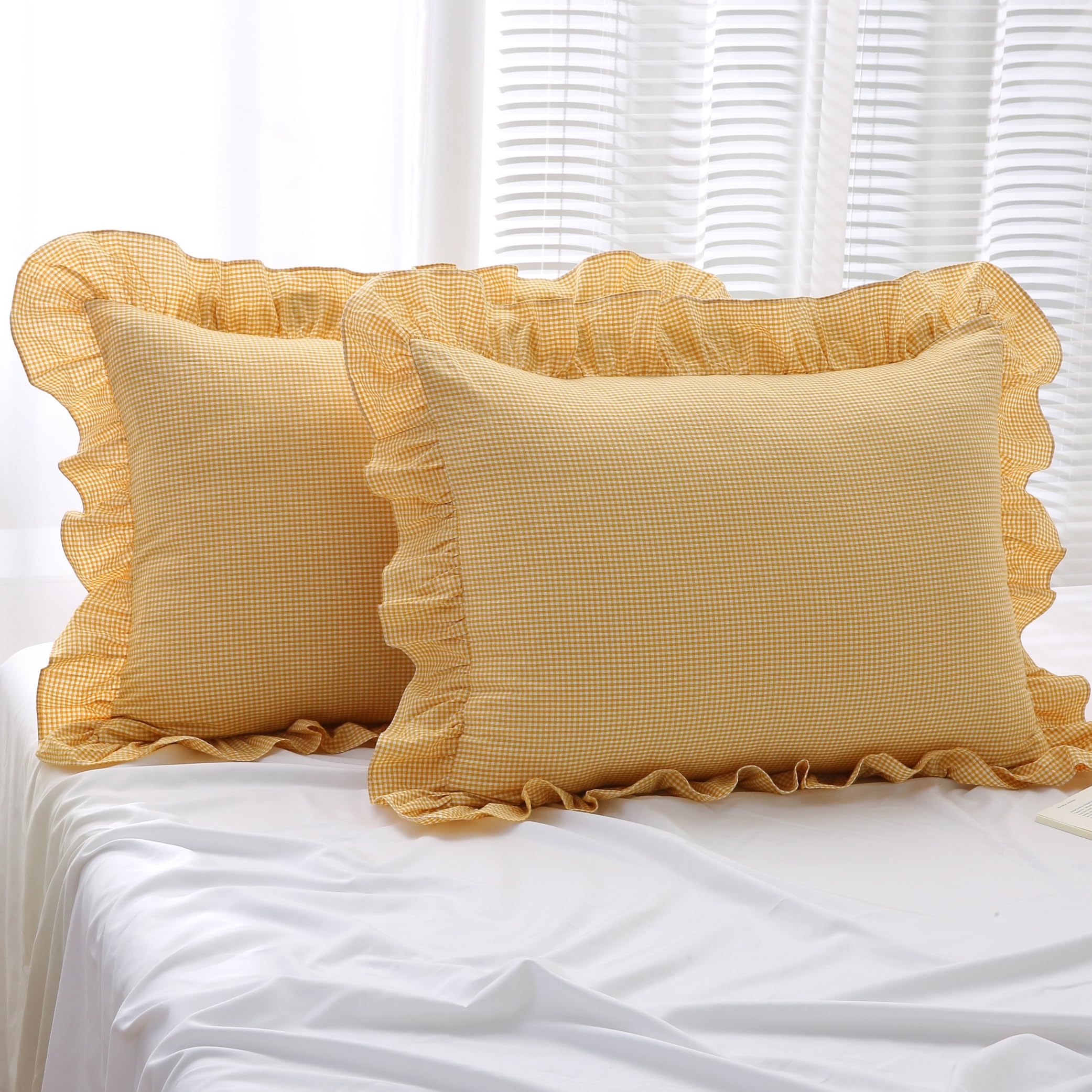 18x18 Taupe White Checkered Cotton Pillow Covers Ruffle Trim Zipper Decor Cushion Cases Set of 2
