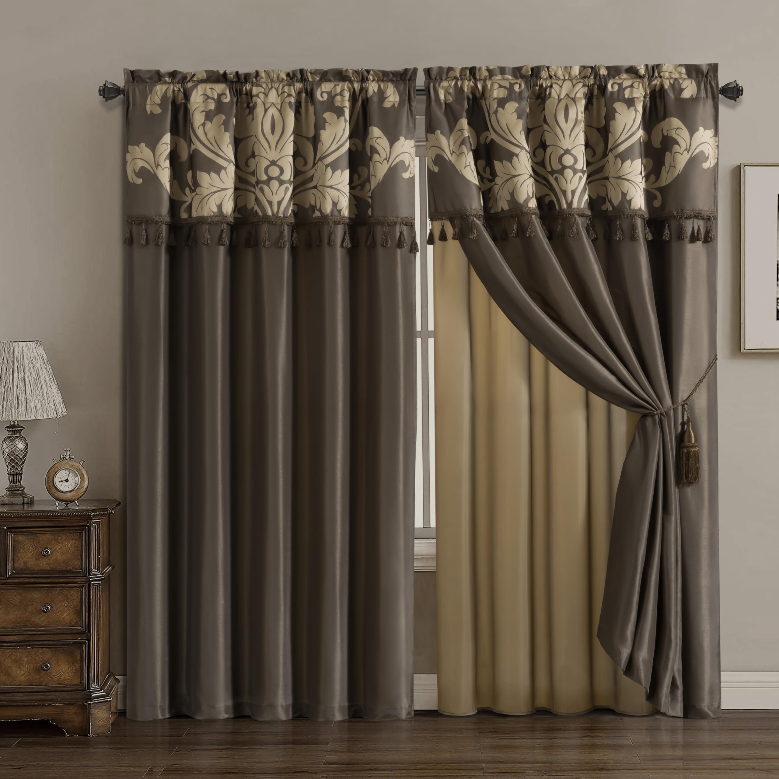 Chezmoi Collection Royale 4-Piece Jacquard Floral Window Curtain/Drape Set with Sheer Backing Valance Tassels, Champagne
