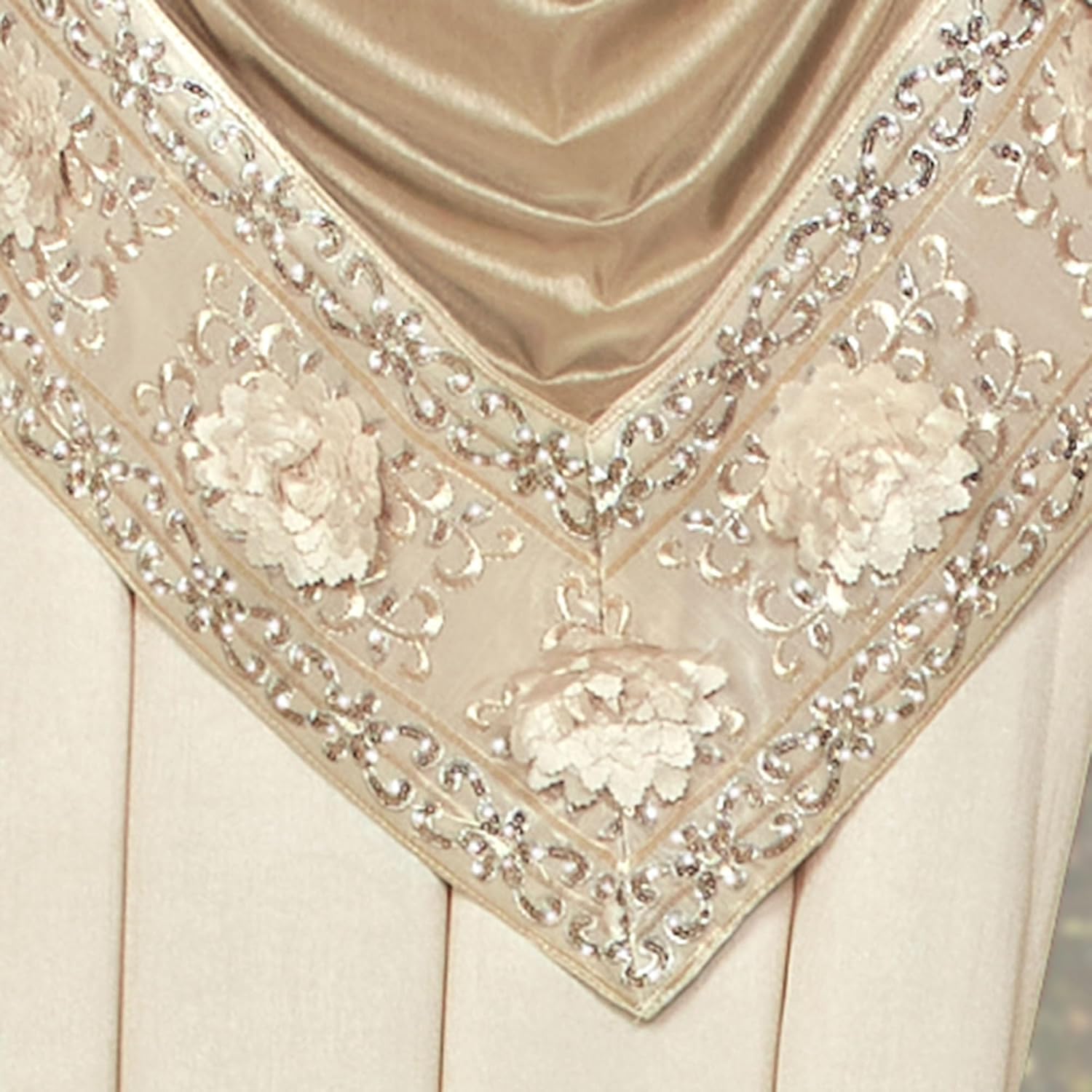 Luxury Elegante Sophisticated Polyester Faux Silk Window Treatment | Light Cream Ivory Metallic Gold | Sparkle Sequins Embroidery Floral | 3 Piece Set with Two Toga Swag Valances and 84L Curtain Pair