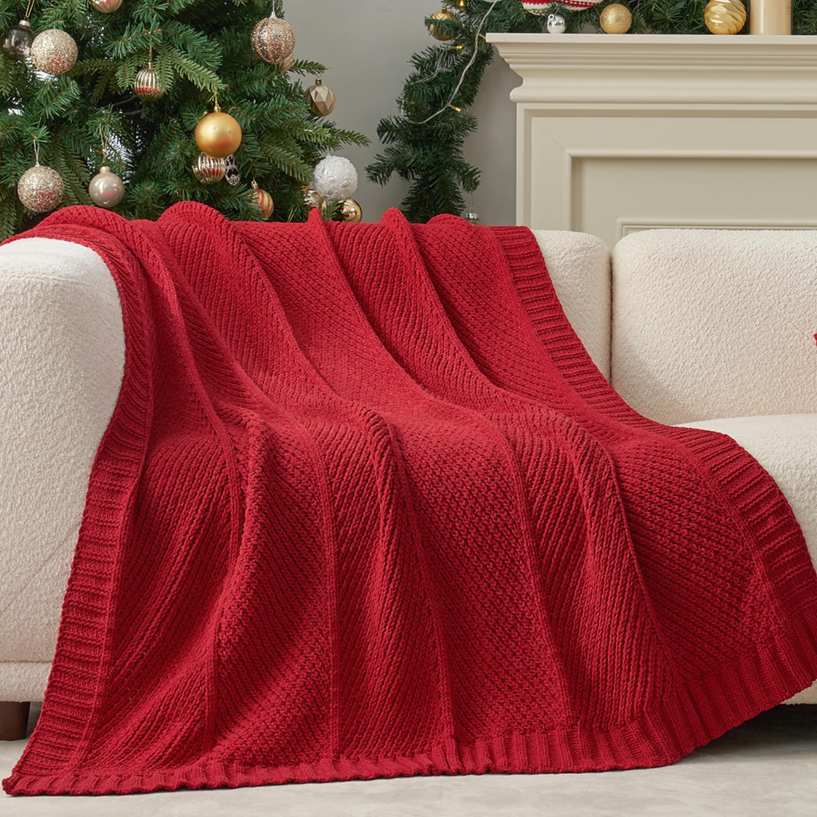 Sage Green Chunky Chenille Knit Throw Blanket 50x60 Inch Checkered Decor Blanket for Couch Bed