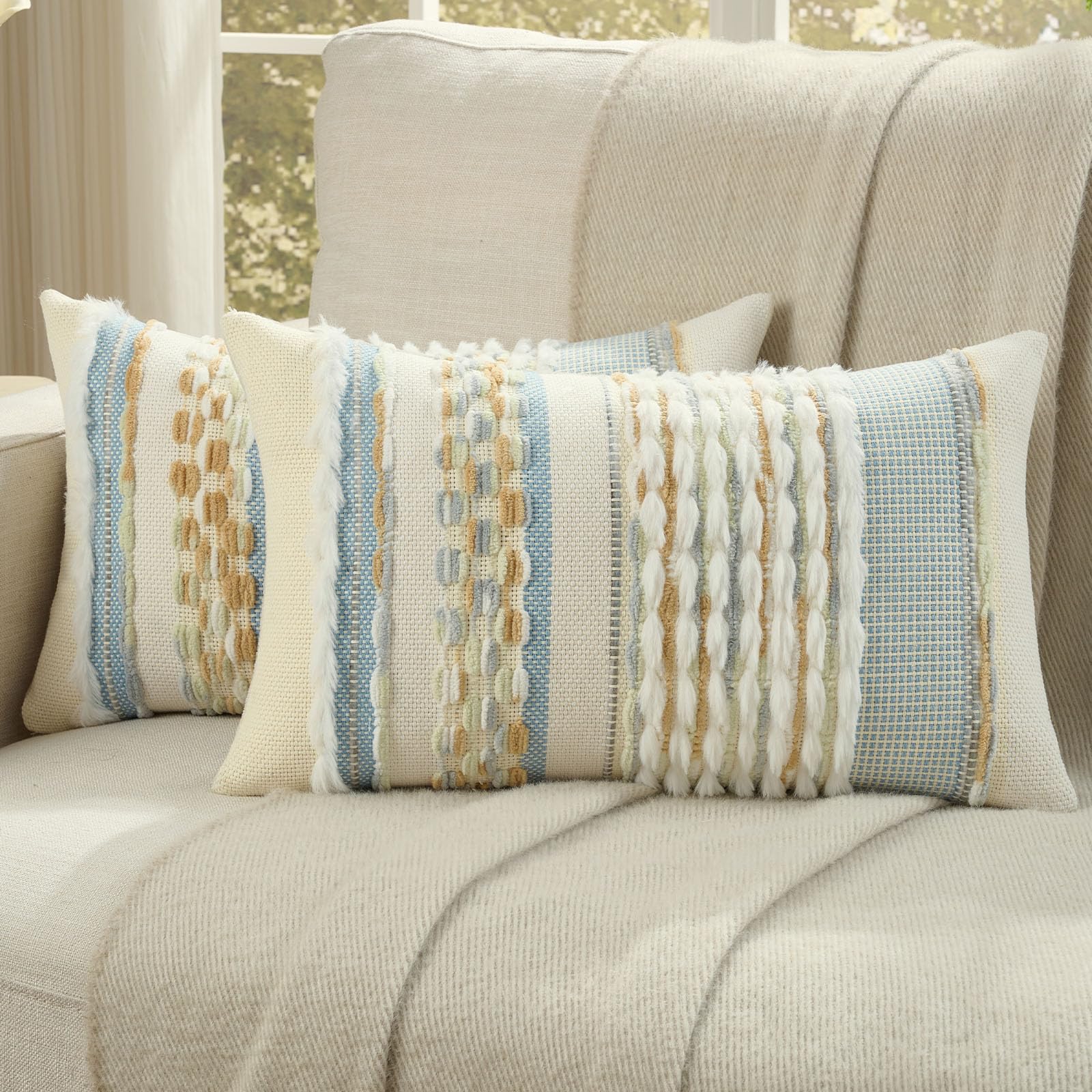 FUTEI Pack of 2 Boho Chenille Decorative Throw Pillow Covers 18x18 Inch Soft Plush Tufted Striped Textured Cushion Case,Farmhouse Accent for Couch Bed Living Room, Orange