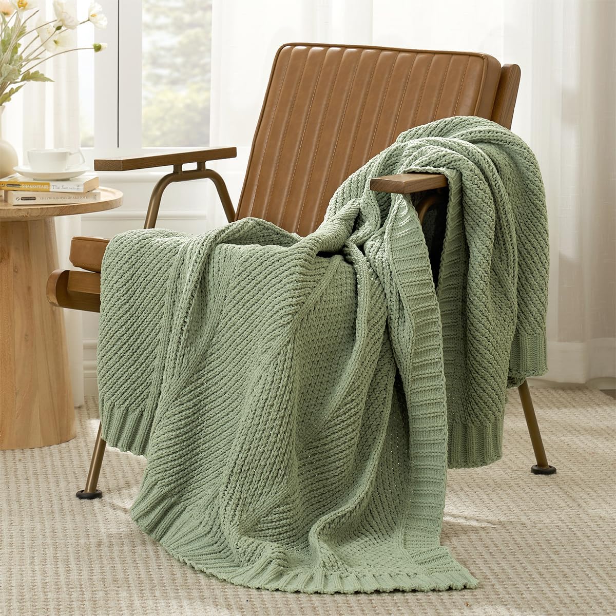 Sage Green Chunky Chenille Knit Throw Blanket 50x60 Inch Checkered Decor Blanket for Couch Bed