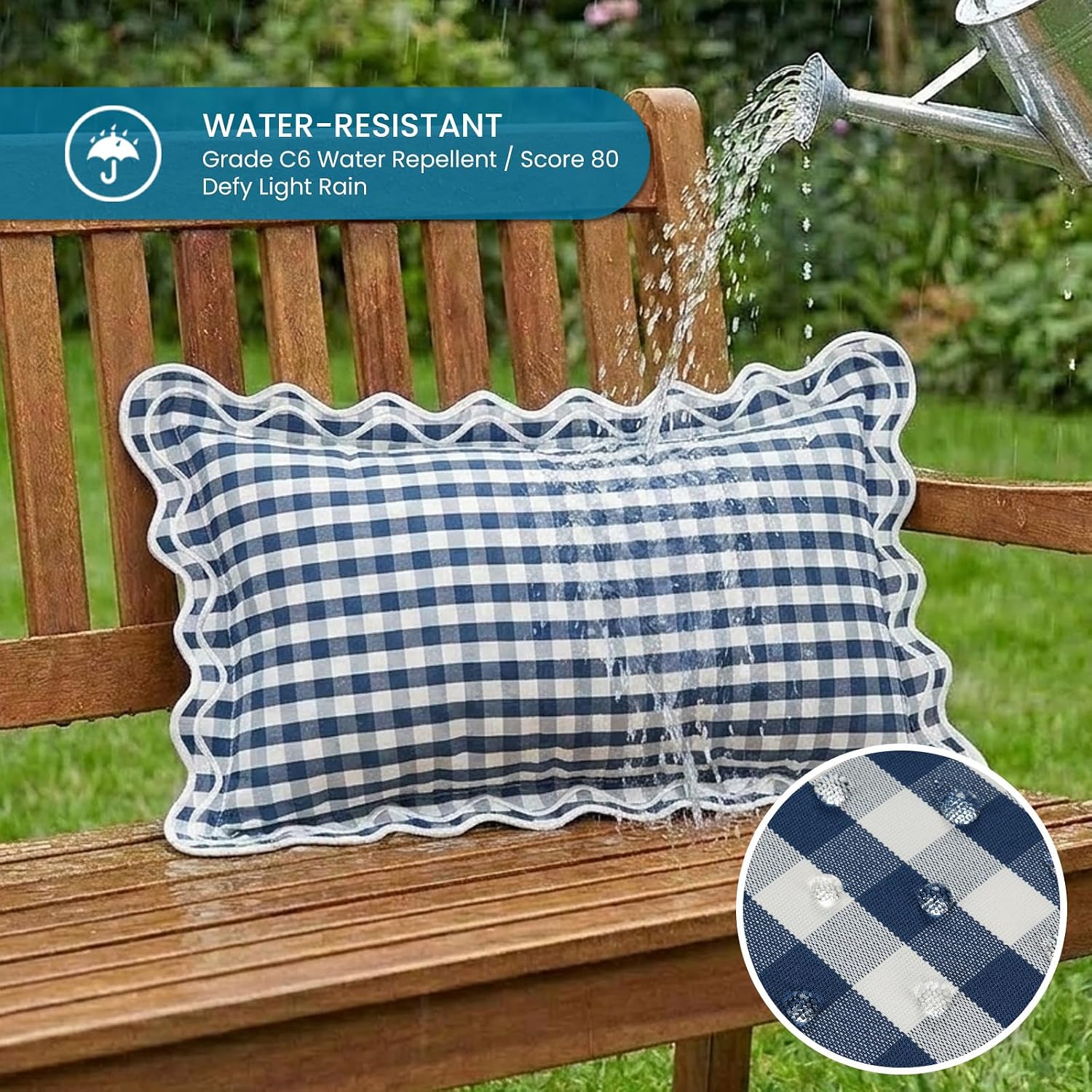 12x20 Navy Blue Gingham Plaid Scalloped Outdoor Lumbar Pillows Waterproof & Fade-Resistant Set of 2, Coastal Checkered Embroidered Ruffle Pillow Covers Decorative for Patio Furniture, Beach Decor
