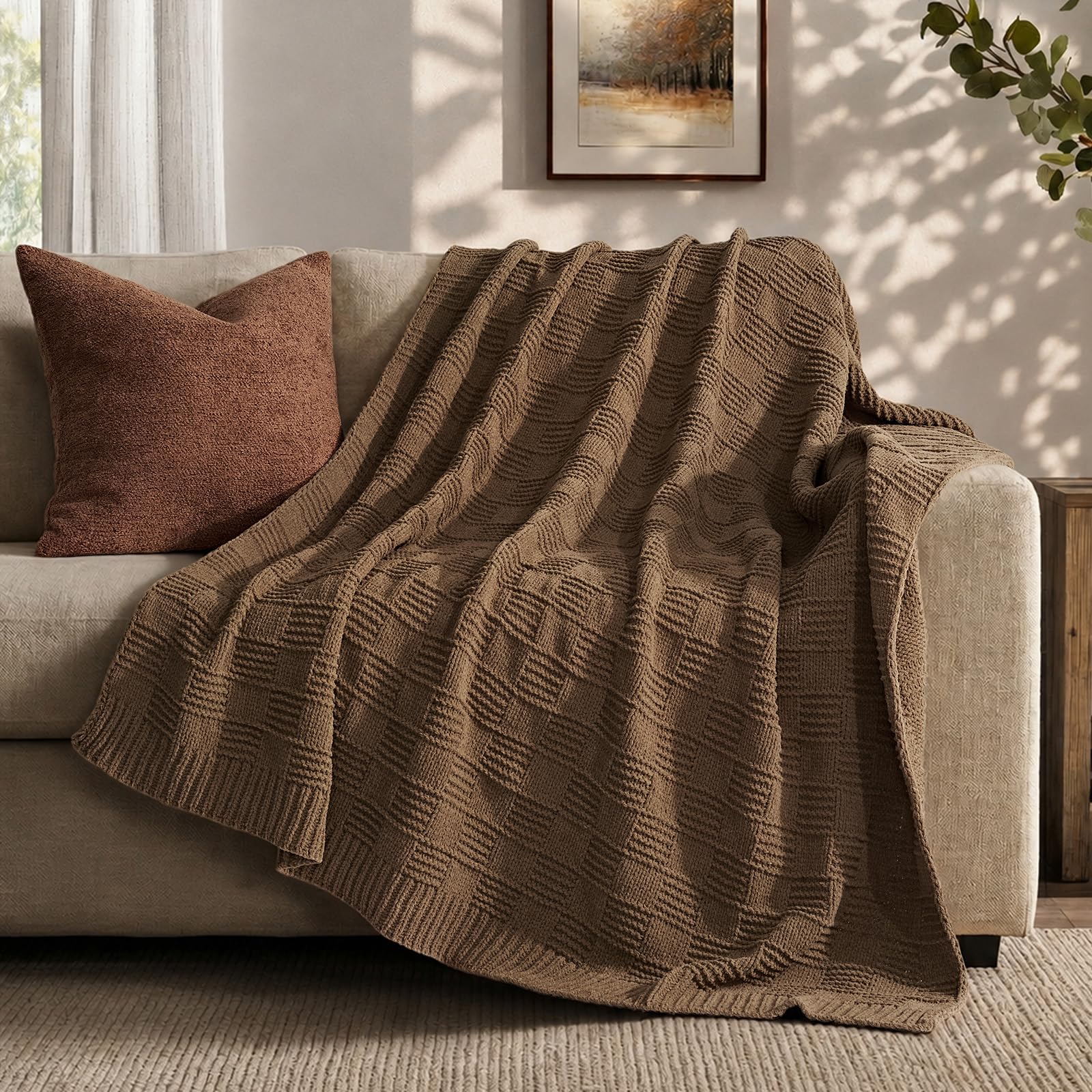 EVERGRACEHOME Chunky Chenille Knit Throw Blanket for Couch, Soft Luxurious Moss Stitch Blankets for Bed, Cozy Decorative Farmhouse Knitted Throws for Sofa, Mocha Brown, 50" x 60"