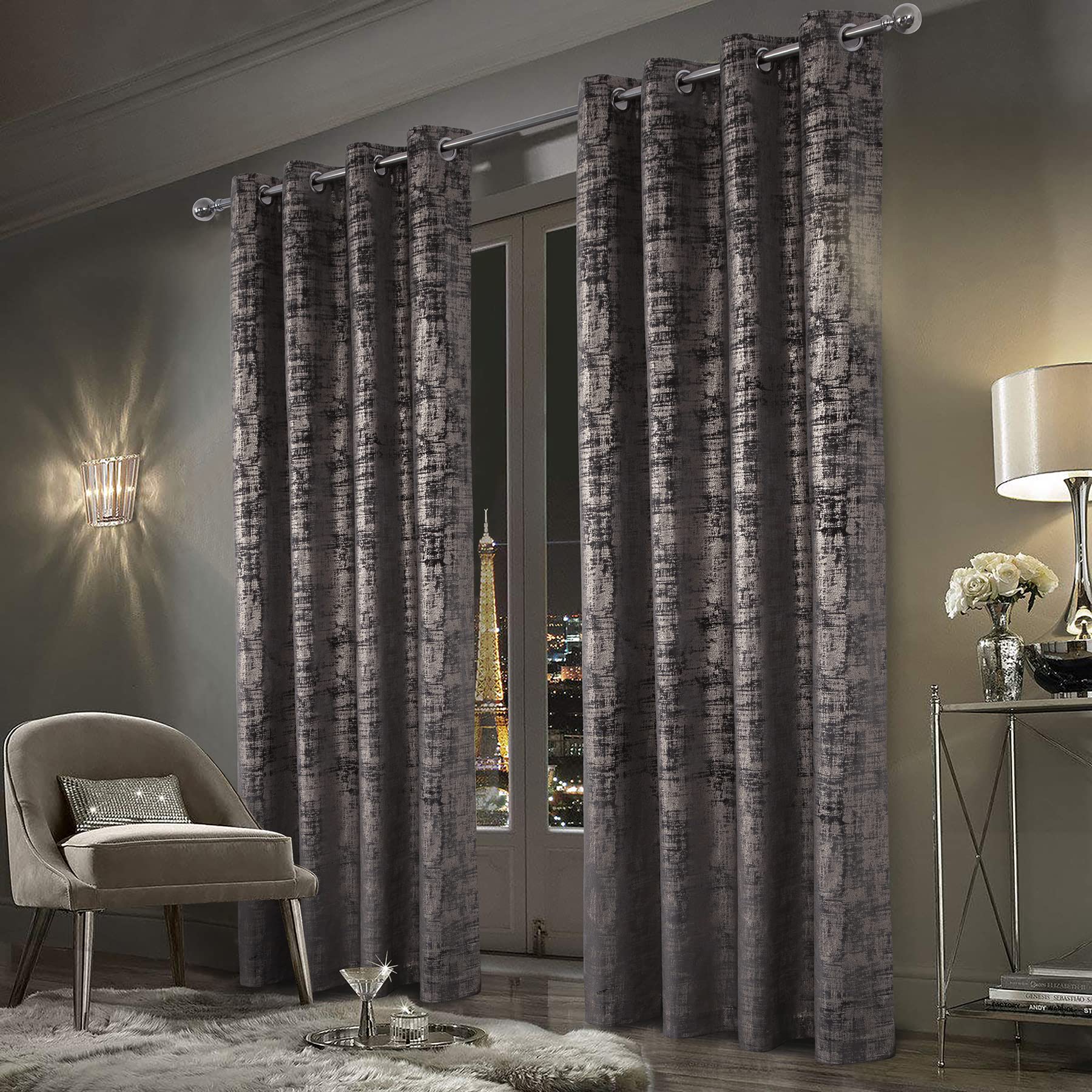 Mocha Velvet 108" Long Curtains with Gold Foil Print Set of 2 Luxury Window Treatments