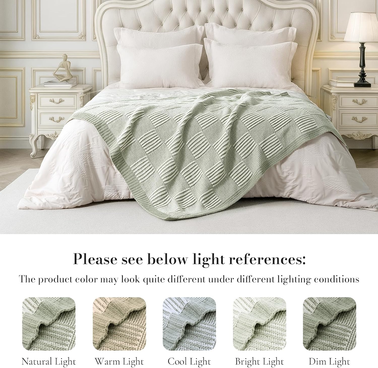 Sage Green Chunky Chenille Knit Throw Blanket 50x60 Inch Checkered Decor Blanket for Couch Bed