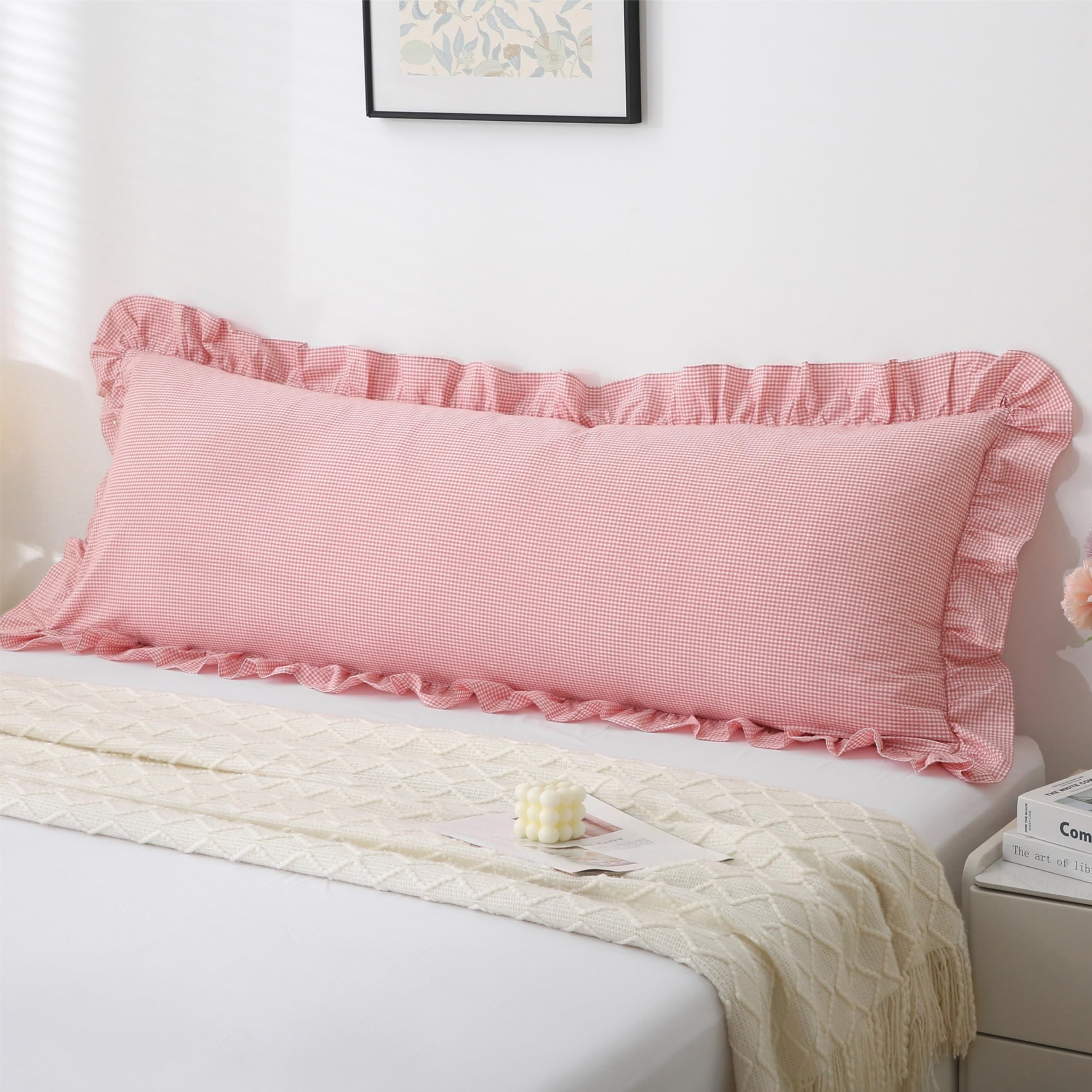 18x18 Taupe White Checkered Cotton Pillow Covers Ruffle Trim Zipper Decor Cushion Cases Set of 2