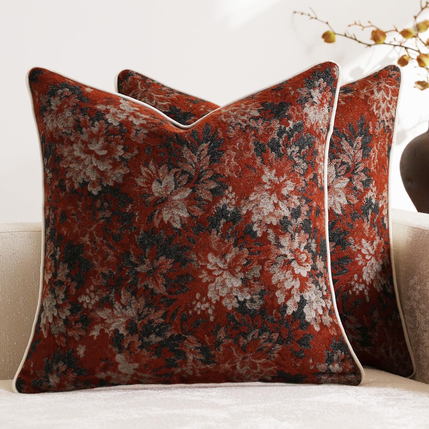 DEZENE Pack of 2 Vintage Floral Throw Pillow Covers 20x20 Boho Farmhouse Accents Chenille Square Decorative Pillow Cases for Living Room Couch Bed Home Decor, Dark Brown
