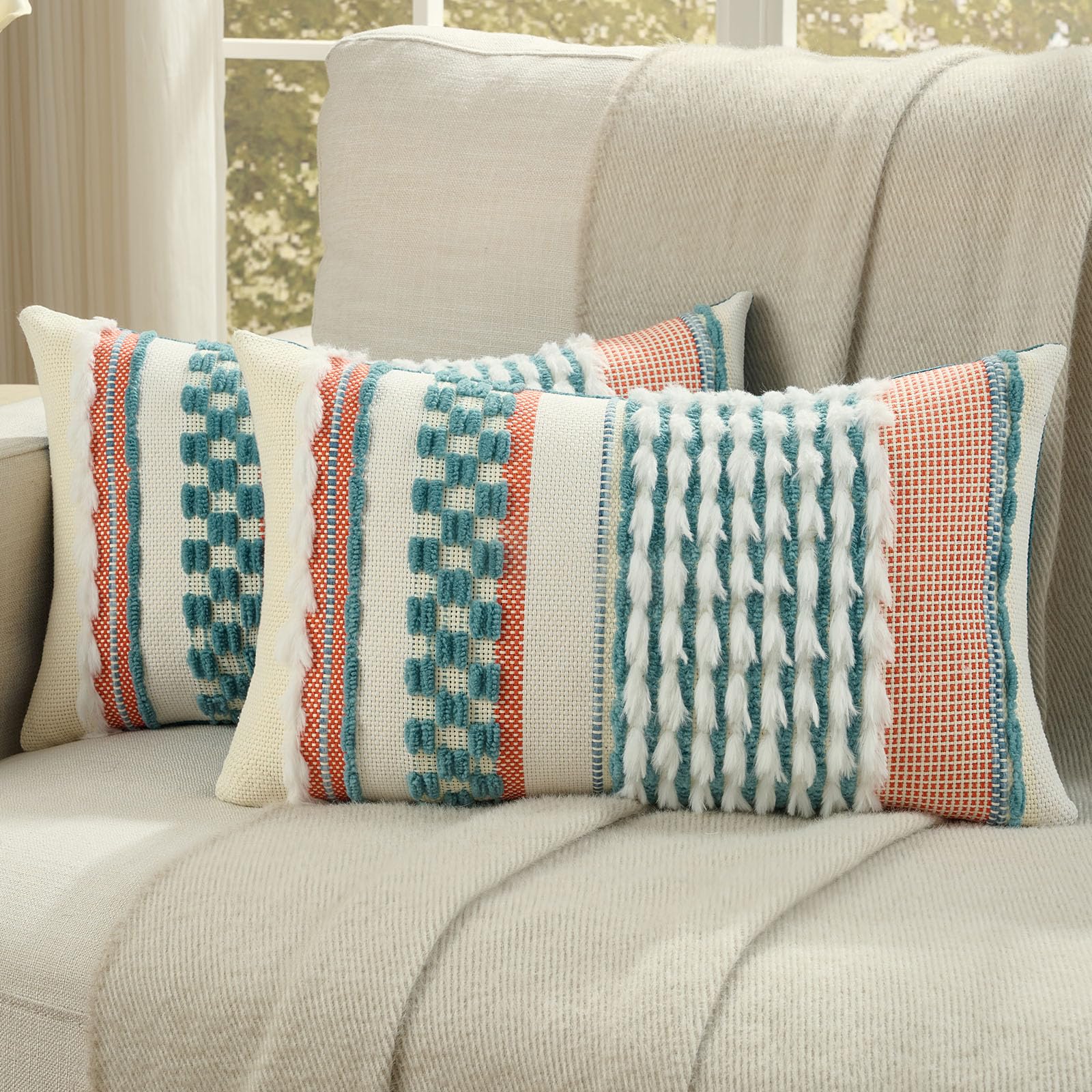 FUTEI Pack of 2 Boho Chenille Decorative Throw Pillow Covers 18x18 Inch Soft Plush Tufted Striped Textured Cushion Case,Farmhouse Accent for Couch Bed Living Room, Orange