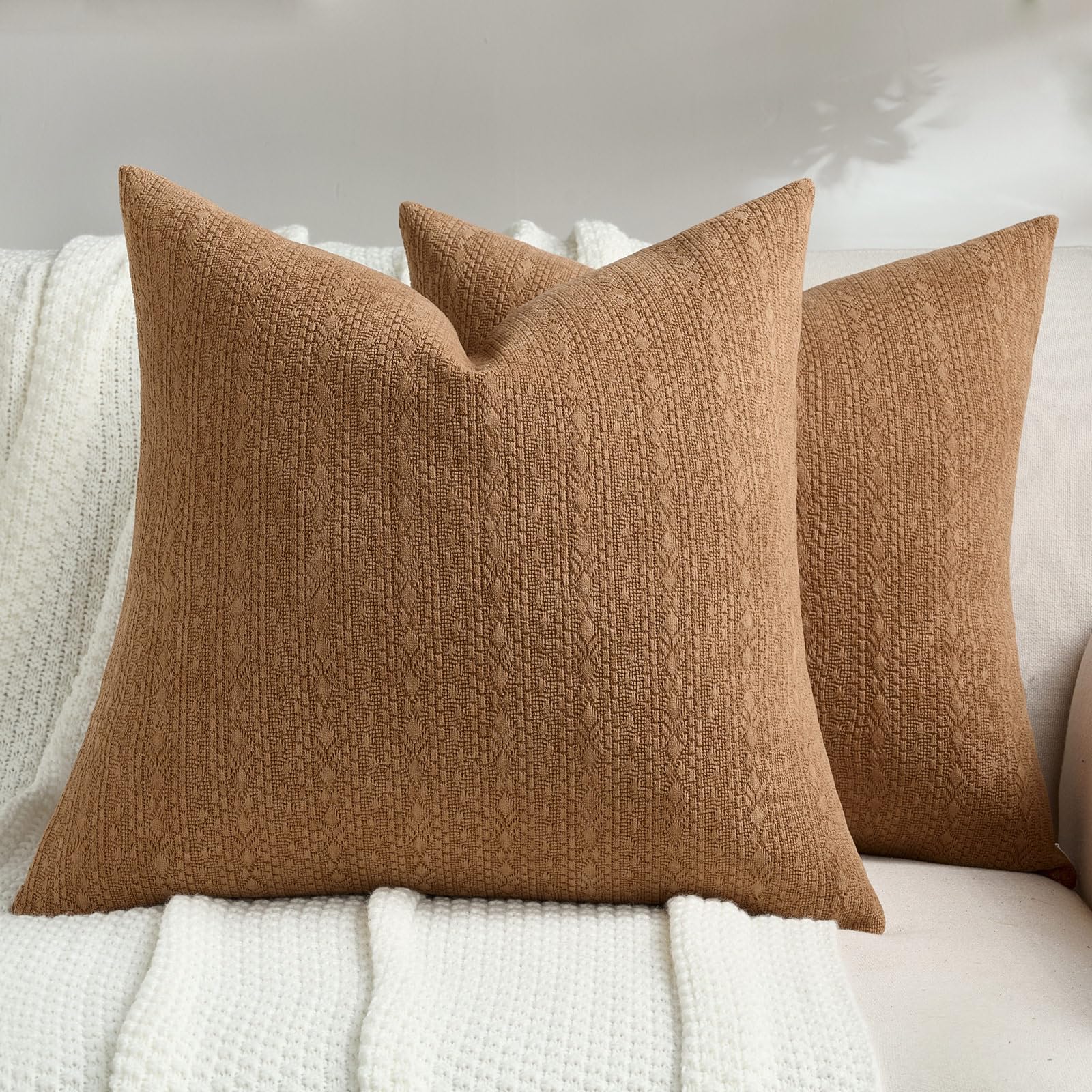 FUTEI Pack of 2 Solid Chenille Throw Pillow Covers 18x18 Inch Soft Farmhouse Decorative Accent Cushion Cases Modern Home Decor for Couch Living Room, Cream