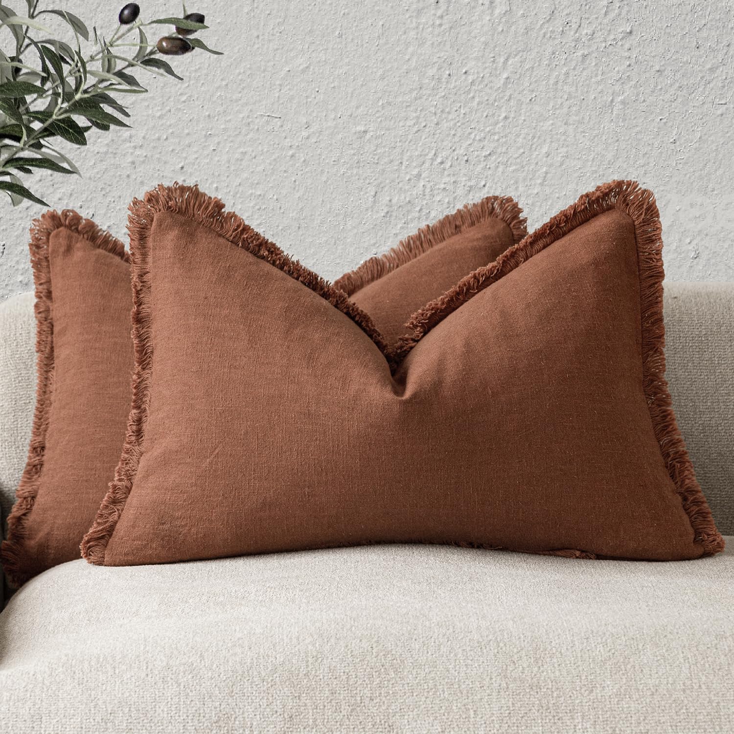 Foindtower Set of 2 Decorative Linen Fringe Throw Pillow Covers Boho Farmhouse Cushion Cover with Tassels Soft Accent Pillowcase for Couch Chair Sofa Bed Living Room Home Decor,20×20 Inch,Sky Blue