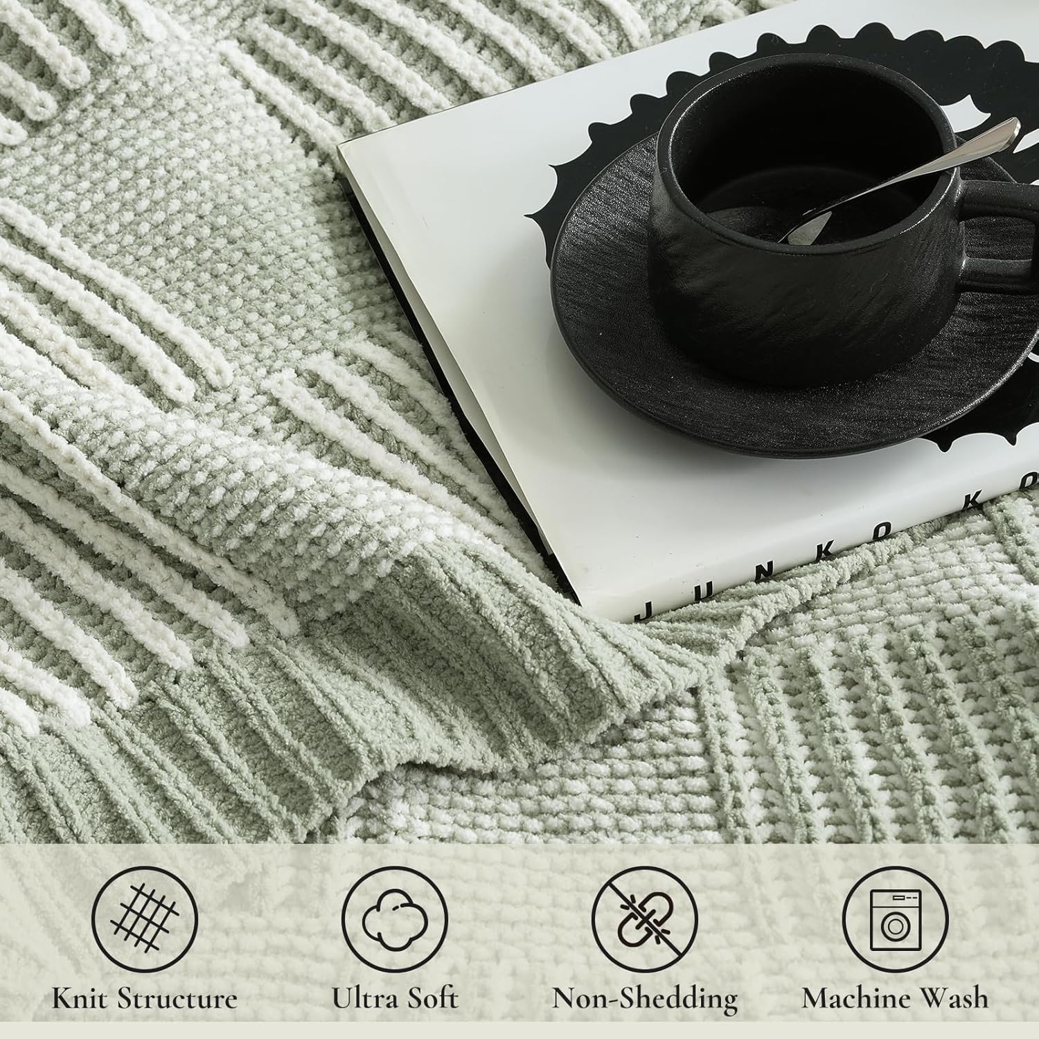 Sage Green Chunky Chenille Knit Throw Blanket 50x60 Inch Checkered Decor Blanket for Couch Bed