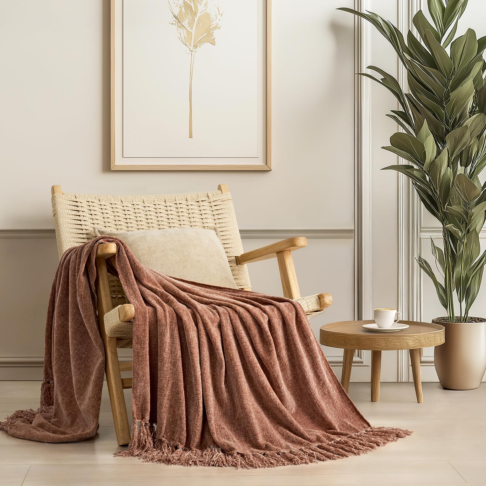 EverGrace Soft Chenille Bed Blanket Queen Size for Bed, Cozy Plush Fuzzy Lightweight Decorative Chenille Knit Throw Blanket with Tassels for Couch Sofa Gift Home Decor, Taupe 90"x90"